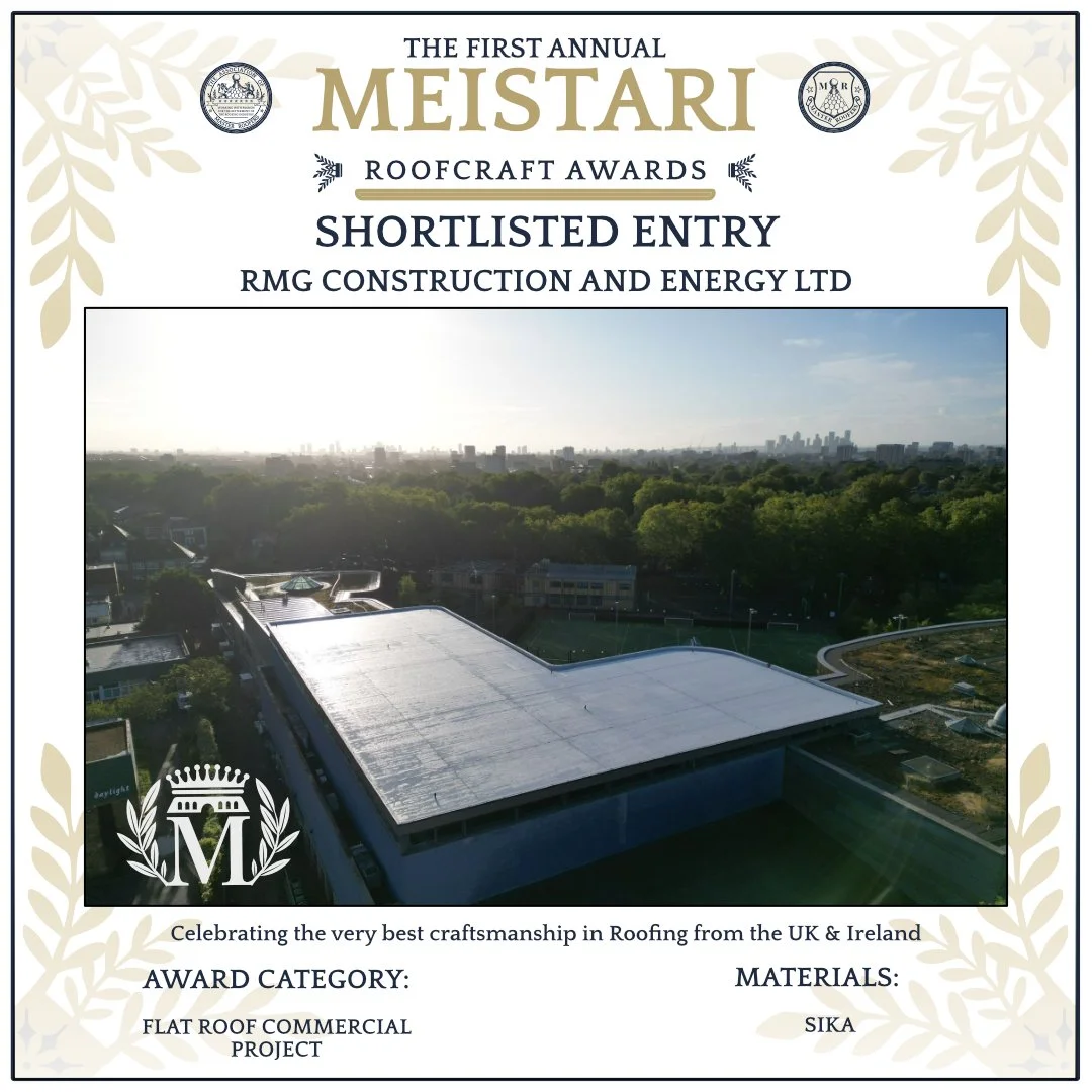 Certificate for the first annual Meistari Roofcraft Awards, short-listed entry for RMG Construction and Energy Ltd. Features a photograph of a building with a flat roof, surrounded by greenery and a city skyline in the background.