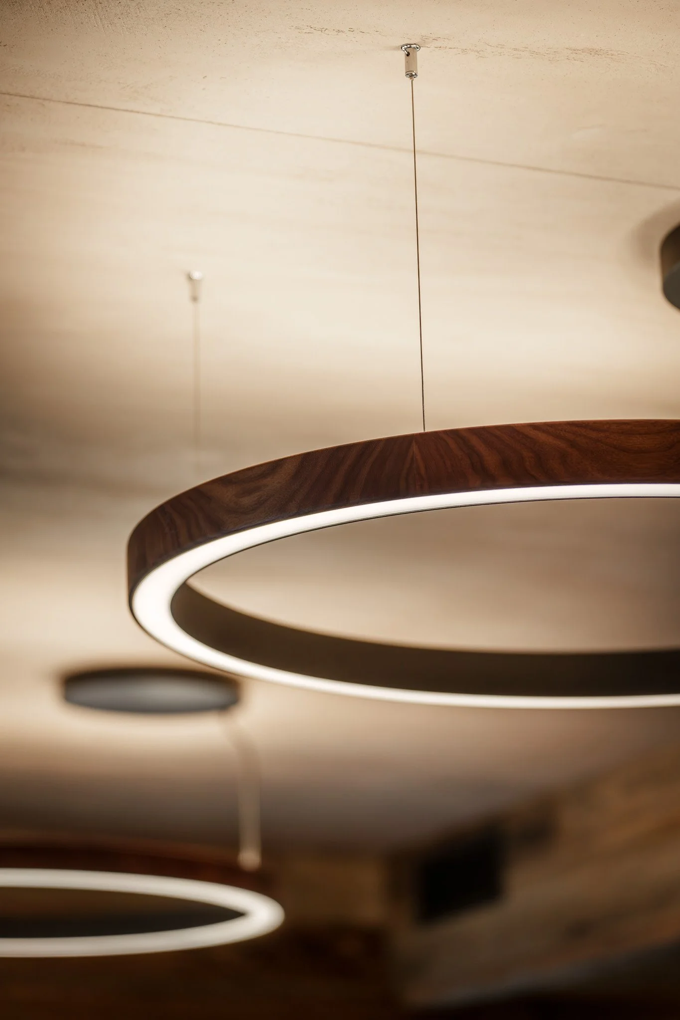 Abgehängte, runde Deckenleuchten mit Holzverkleidung und LED-Beleuchtung.