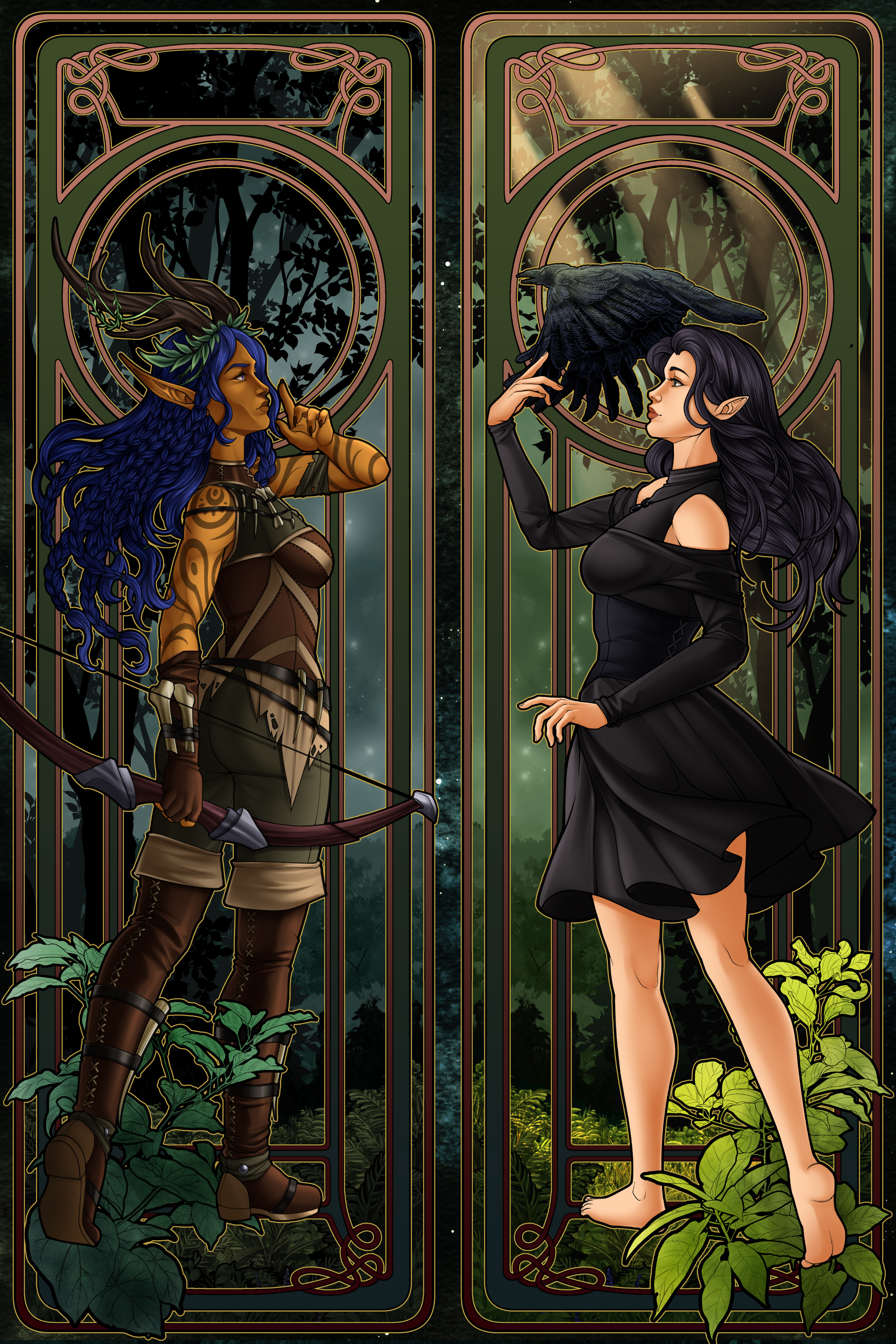 Picture of a fae guide and a young witch with a raven