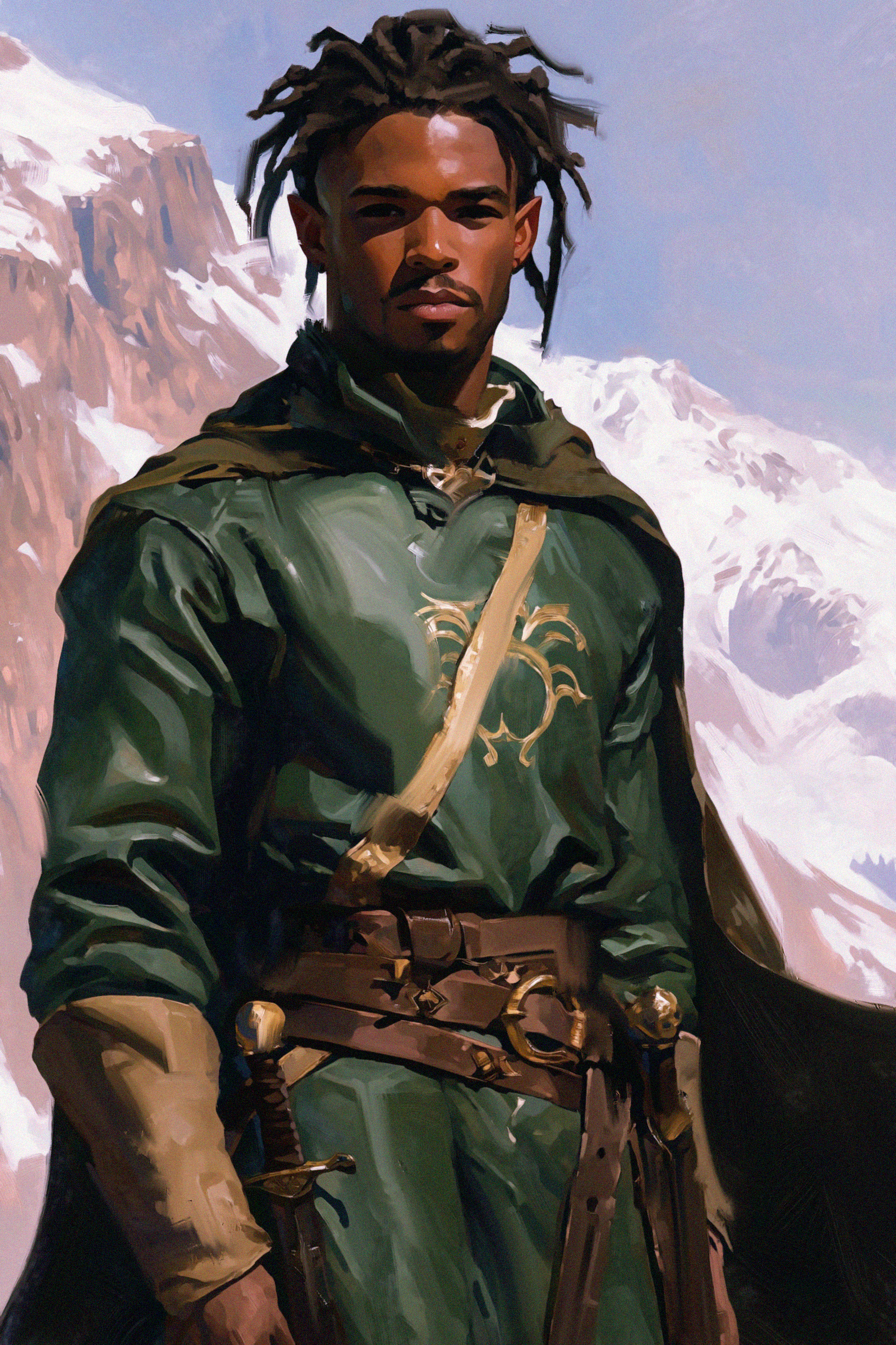 Quindythias Darkstrider, an elf with dreadlocks wearing an explorer outfit, standing in a snowy mountain landscape. From Phoenix Rising, Feather & Flame book one.
