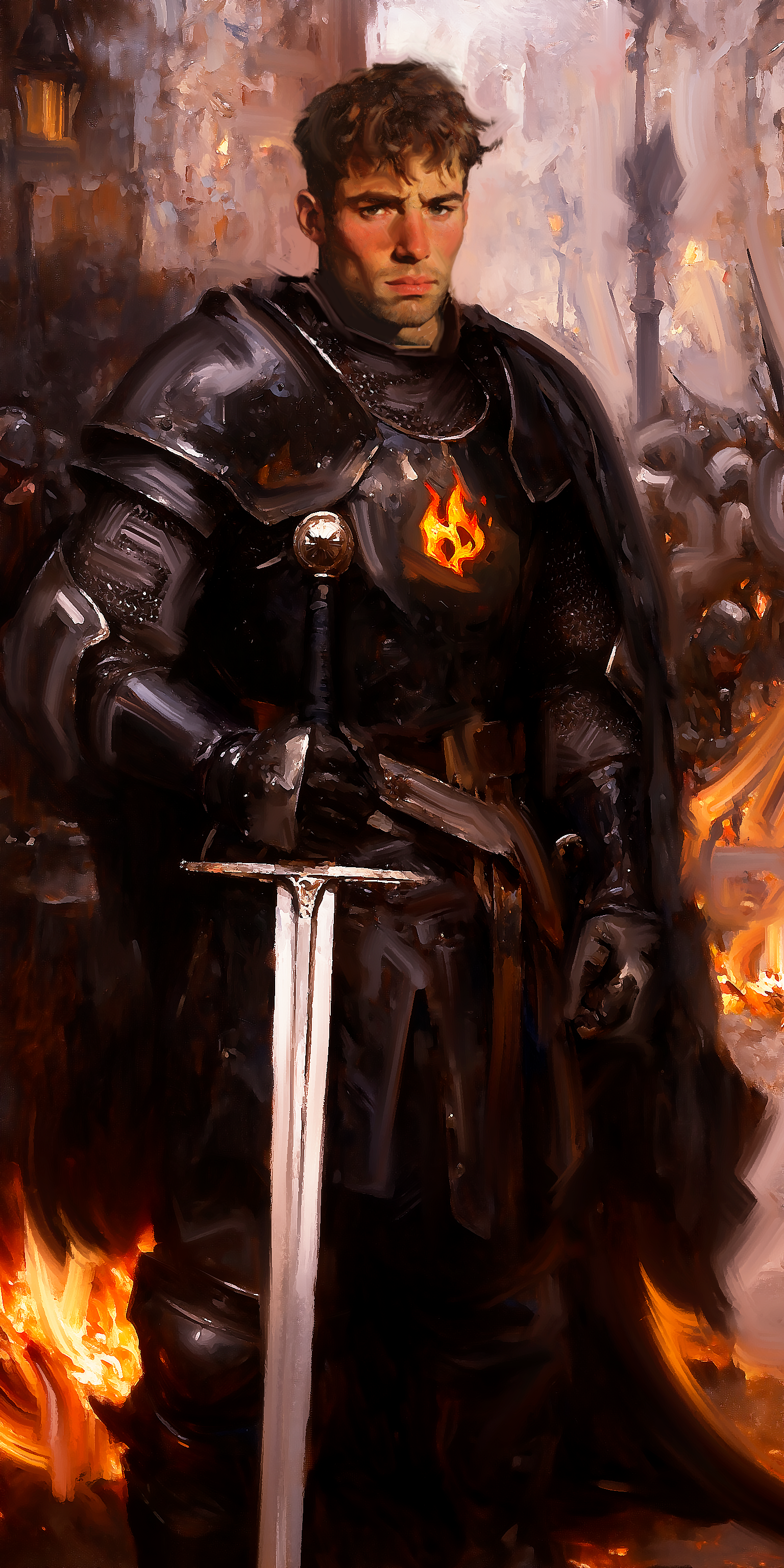 Marcon Colabra, soldier in the Army of Light, shown in dark medieval armor, holding a sword vertically, with a fiery background and a flaming emblem on his chest. From Phoenix Rising, Feather & Flame book one