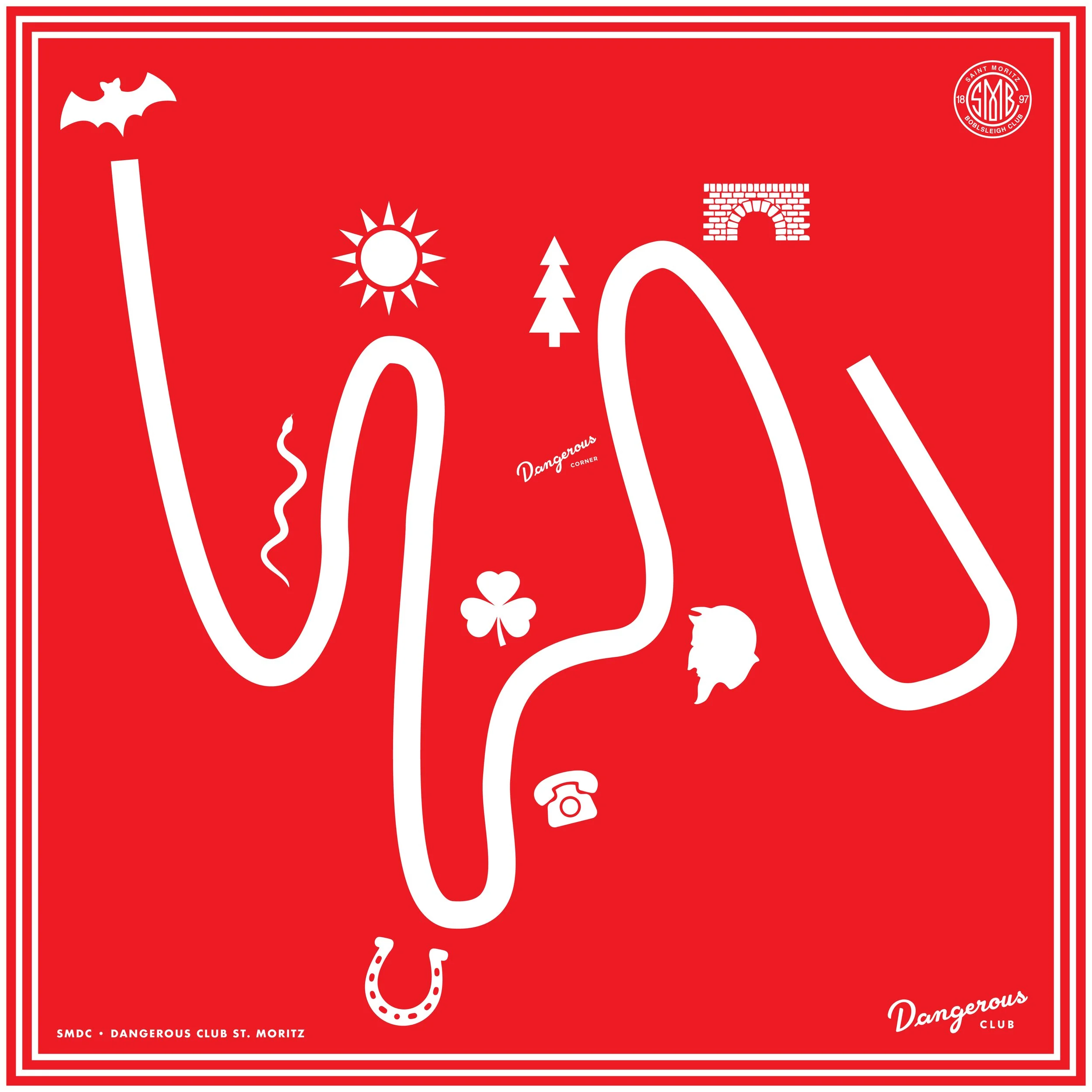 Red safety sign with white symbols depicting a bat, a sun, a pine tree, a brick arch, and a hook, with text indicating SMDC and Dangerous Club St. Moritz.