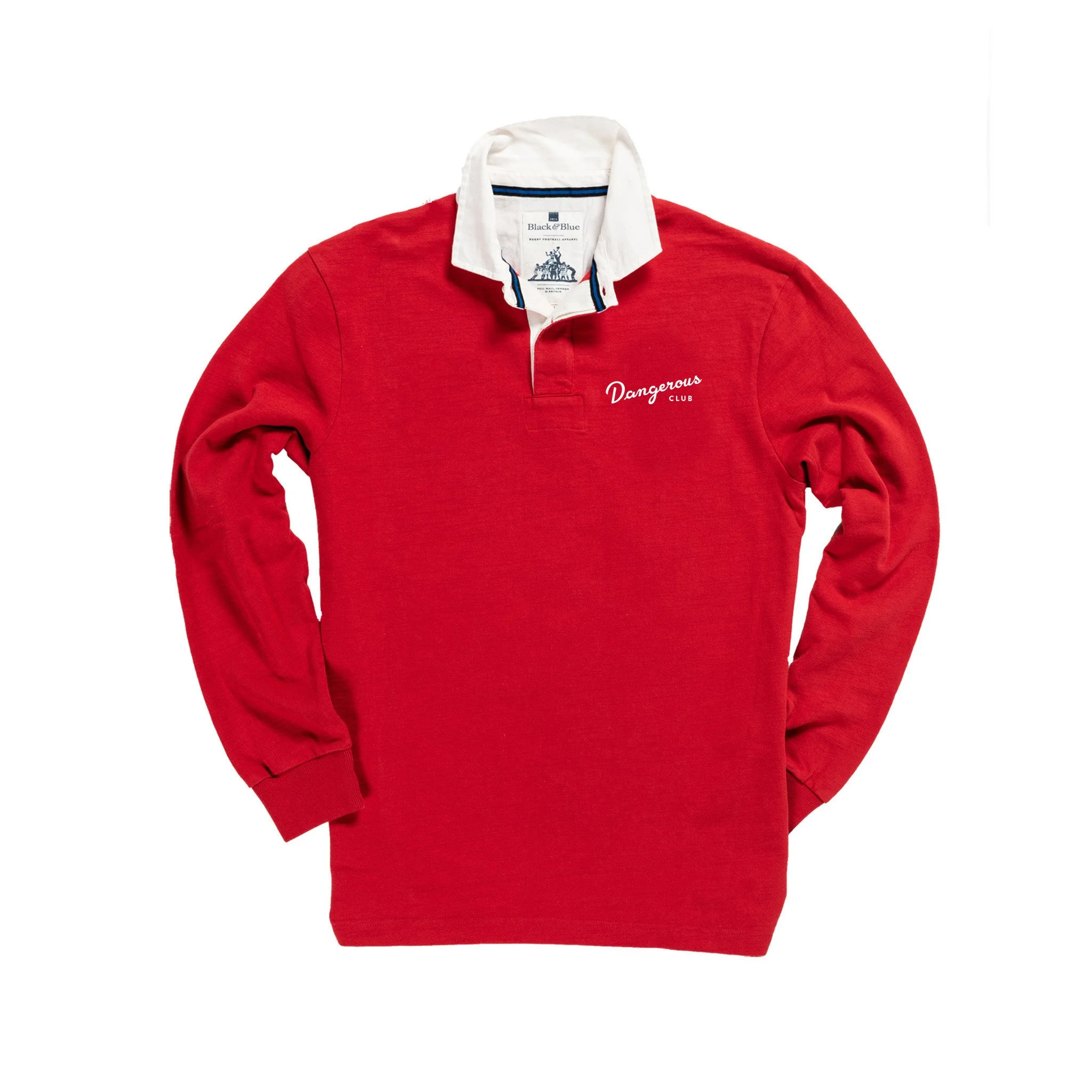 A red long-sleeve shirt with a white collar, featuring embroidered text that reads 'Dangerous CLUB' and a small logo.