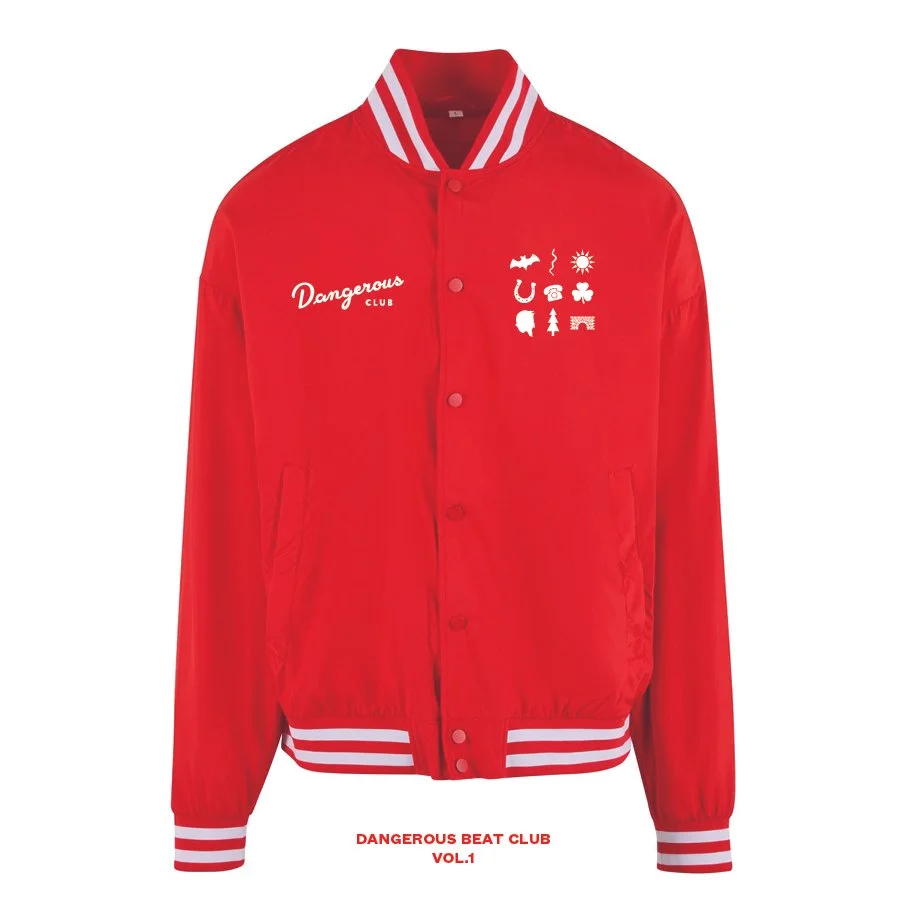 Red varsity jacket with white stripes on collar and cuffs, featuring the word 'Dangerous' and 'Club' on the left chest, and various white icons and symbols on the right chest, with the text 'DANGEROUS BEAT CLUB VOL.1' at the bottom.