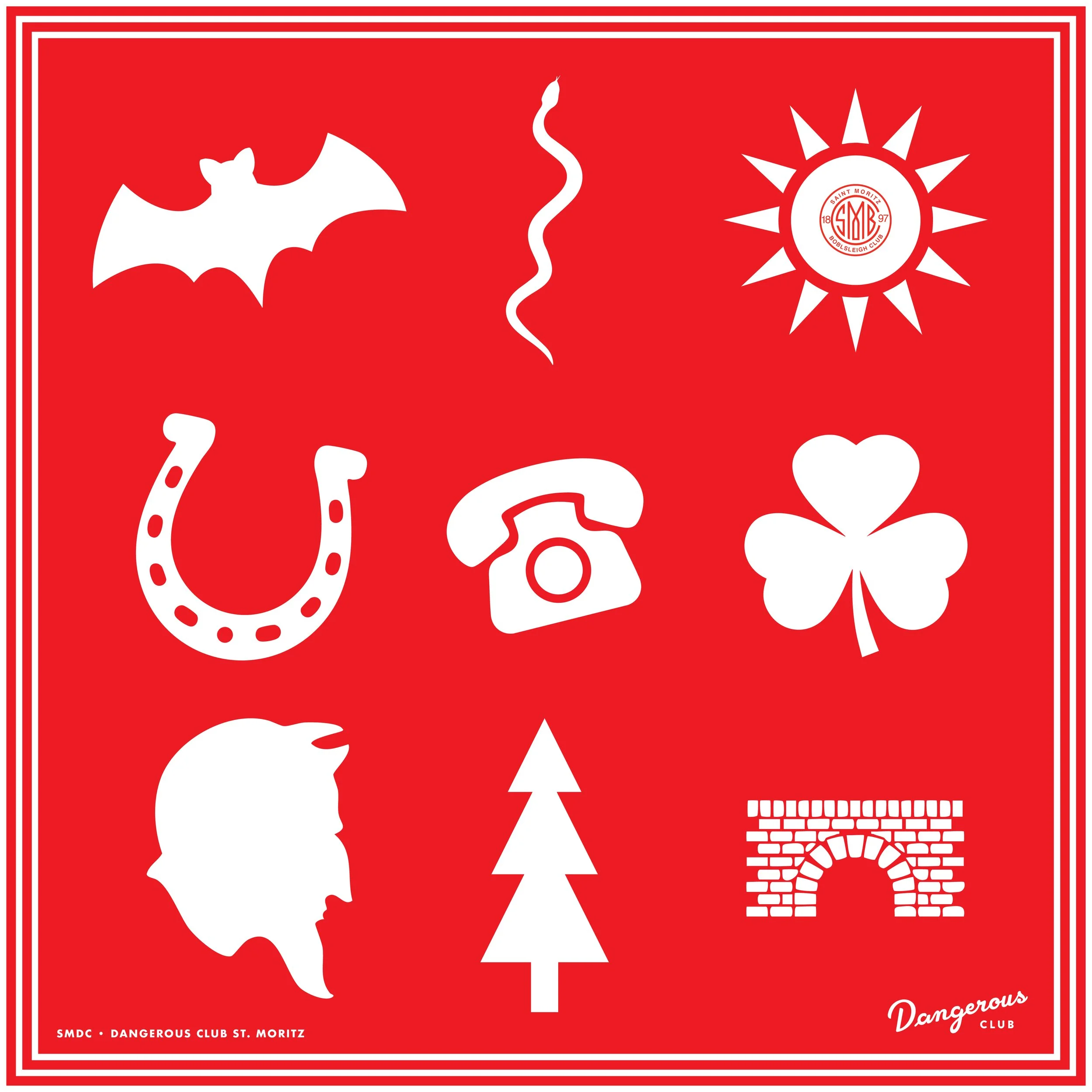 A red and white graphic design featuring a white bat, a snake, a horseshoe, a circle with the Saint Moritz Boblsleigh Club logo, a four-leaf clover, a Christmas tree, a ladder with bricks, and the text 'SMDC · DANGEROUS CLUB ST. MORITZ' and 'Dangerous CLUB'.