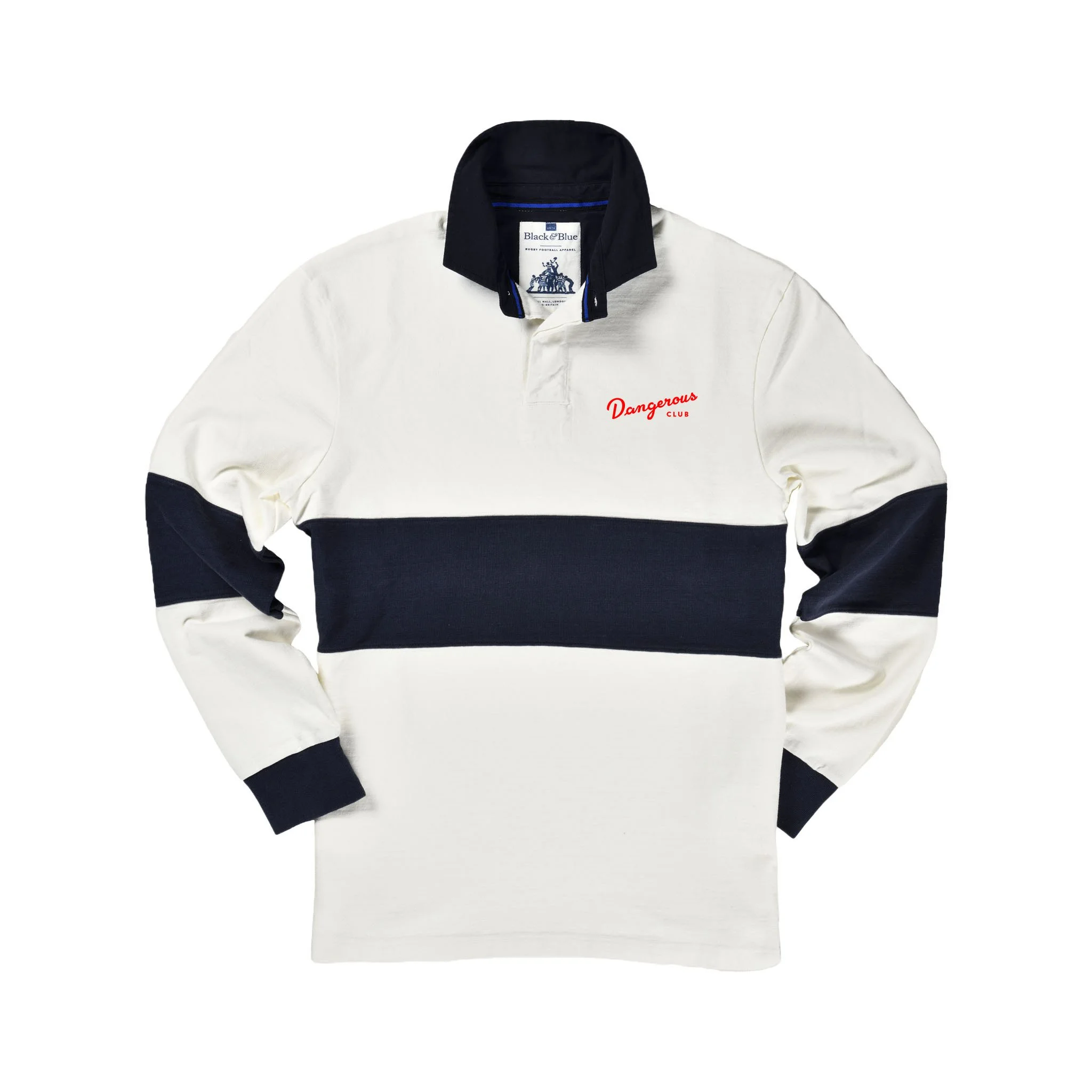 White rugby shirt with black collar and black cuffs, red embroidered text on left chest that reads 'Dangerous Club', and a tag that says 'Black & Blue' with a rugby crest logo.