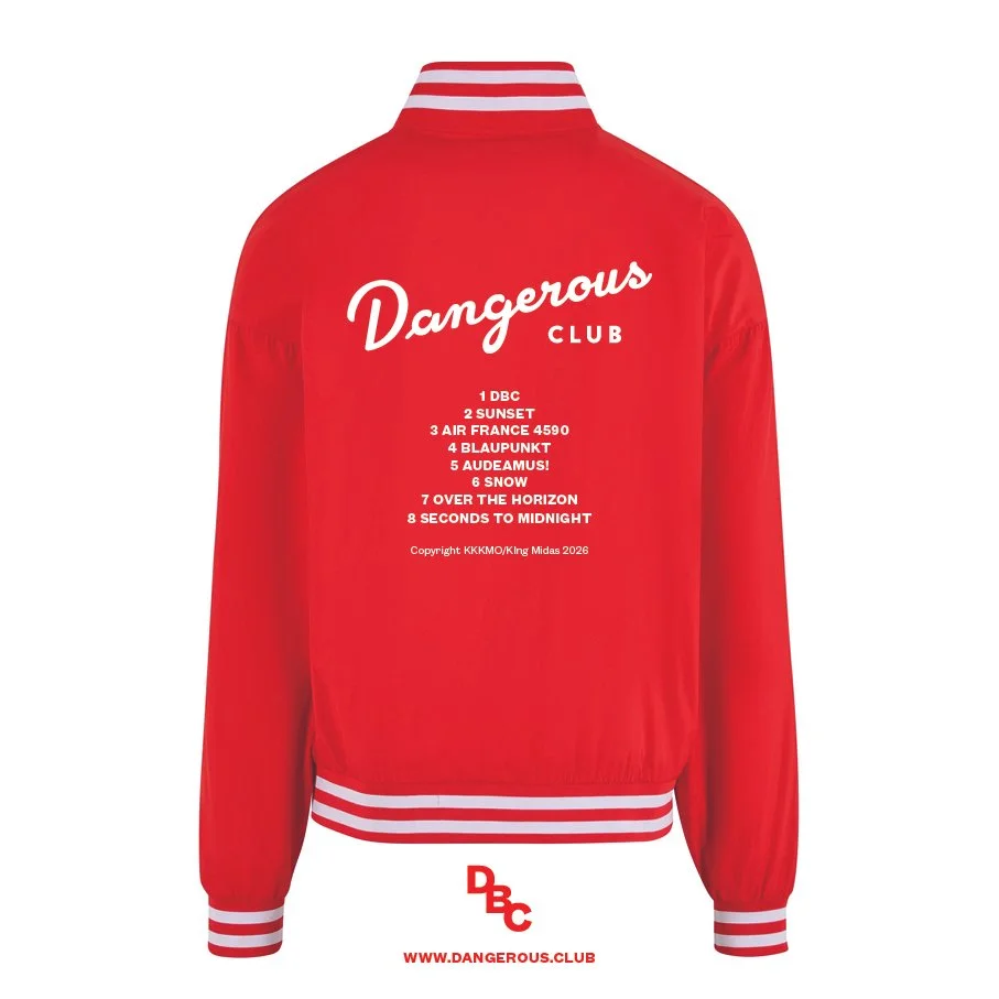 Red jacket with white and red striped collar and cuffs, displaying a list of phrases and songs on the back, titled 'Dangerous CLUB,' with a white logo 'DBC' and website 'www.DANGEROUS.CLUB' at the bottom.
