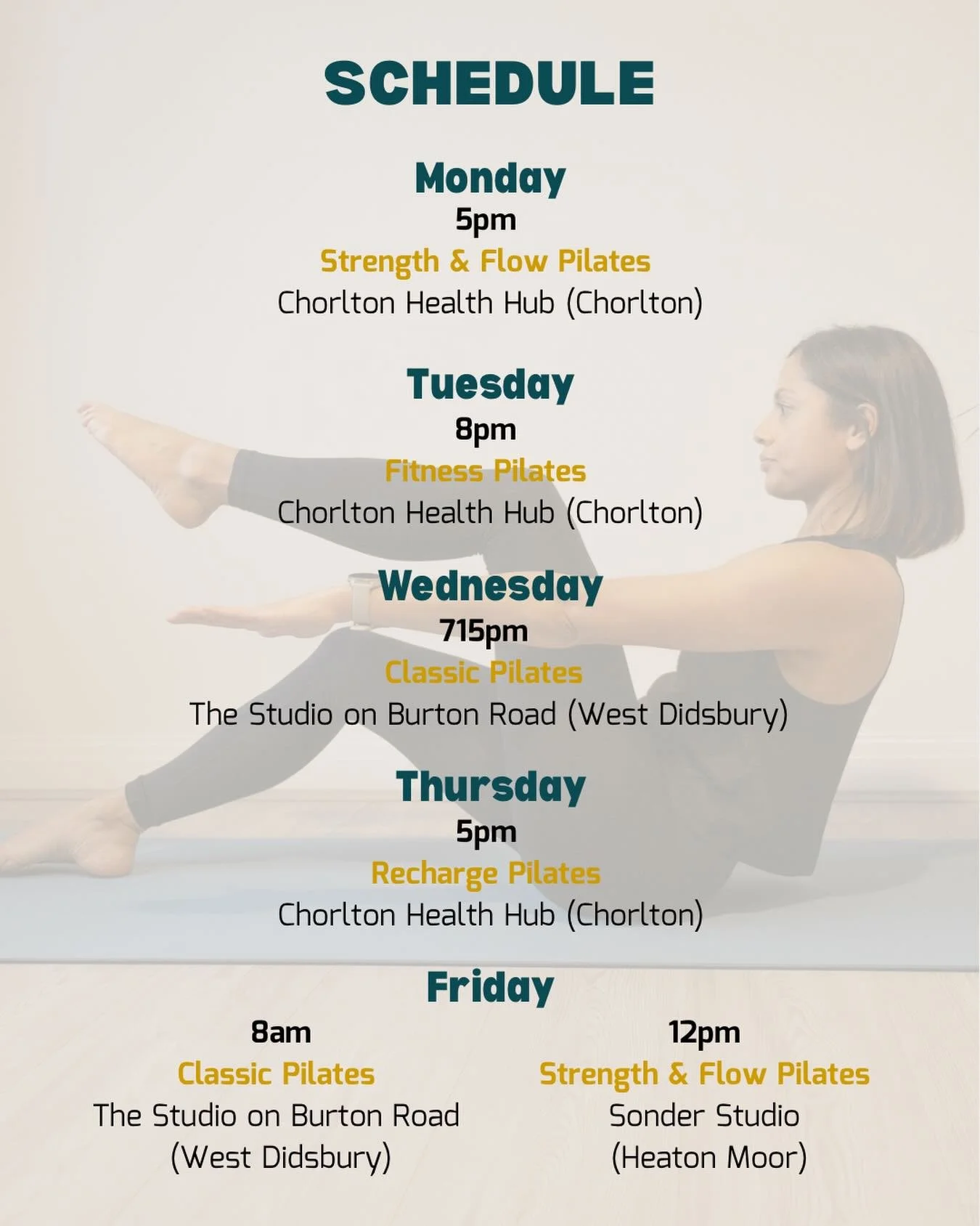 ✨ SCHEDULE ✨

Welcoming in February with open arms and an updated schedule&hellip;

Monday 
5pm - Strength &amp; Flow Pilates 
📍@chorlton_health_hub

Tuesday
8pm - Fitness Pilates
📍@chorlton_health_hub

Wednesday 
715pm - Classic Pilates 
📍@thestu