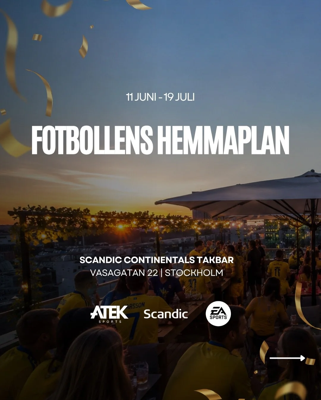 V&auml;lkommen till Fotbollens hemmaplan 2026 ⚽️🇸🇪

I sommar kliver ATEK Sports &amp; @scandichotels ihop f&ouml;r att skapa en av stans b&auml;sta platser att uppleva sommarens fotbollsfest p&aring; 🏆

Storbild, takterrass, Game Zone med @easport