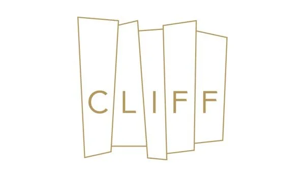 Minimalist logo with the word 'CLIFF' in gold, each letter separated by vertical panels.