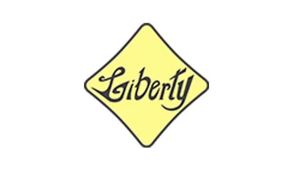 Logo with the word 'Liberty' in stylized text on a yellow diamond shape background.