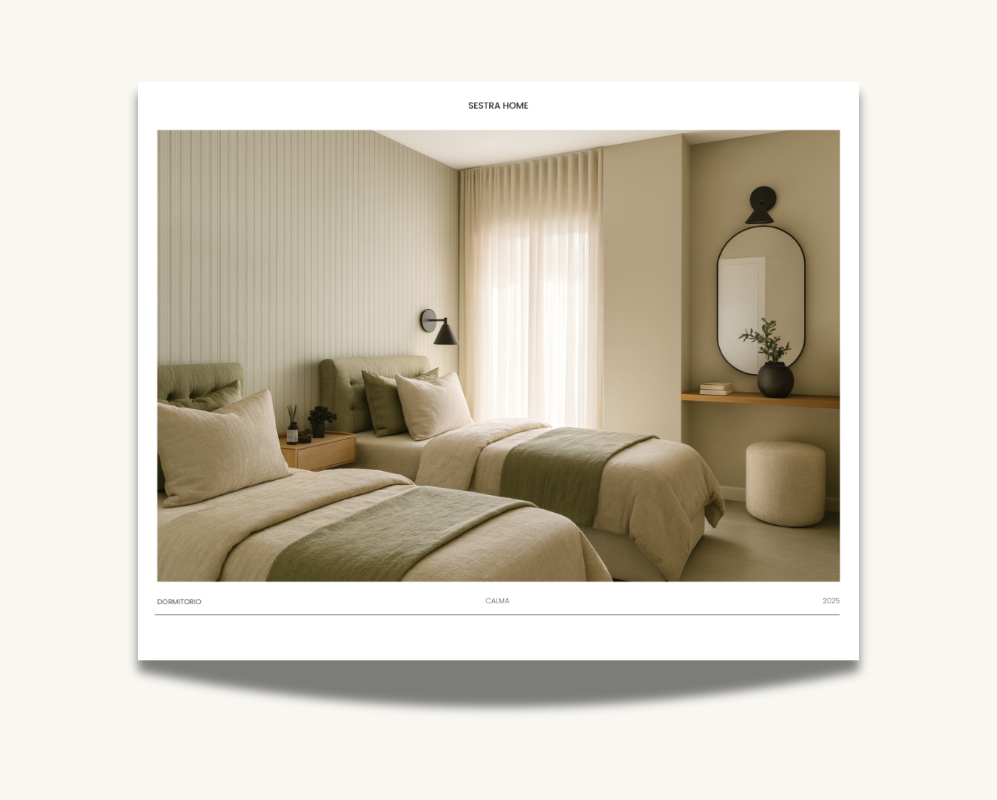 Habitación con dos camas individuales con ropa de cama en tonos beige y verde, una pared decorada con paneles de madera, cortinas blancas, una lámpara de pared negra, un espejo de espejo oval, una mesa con una planta en una maceta y dos libros, y un otomana beige.