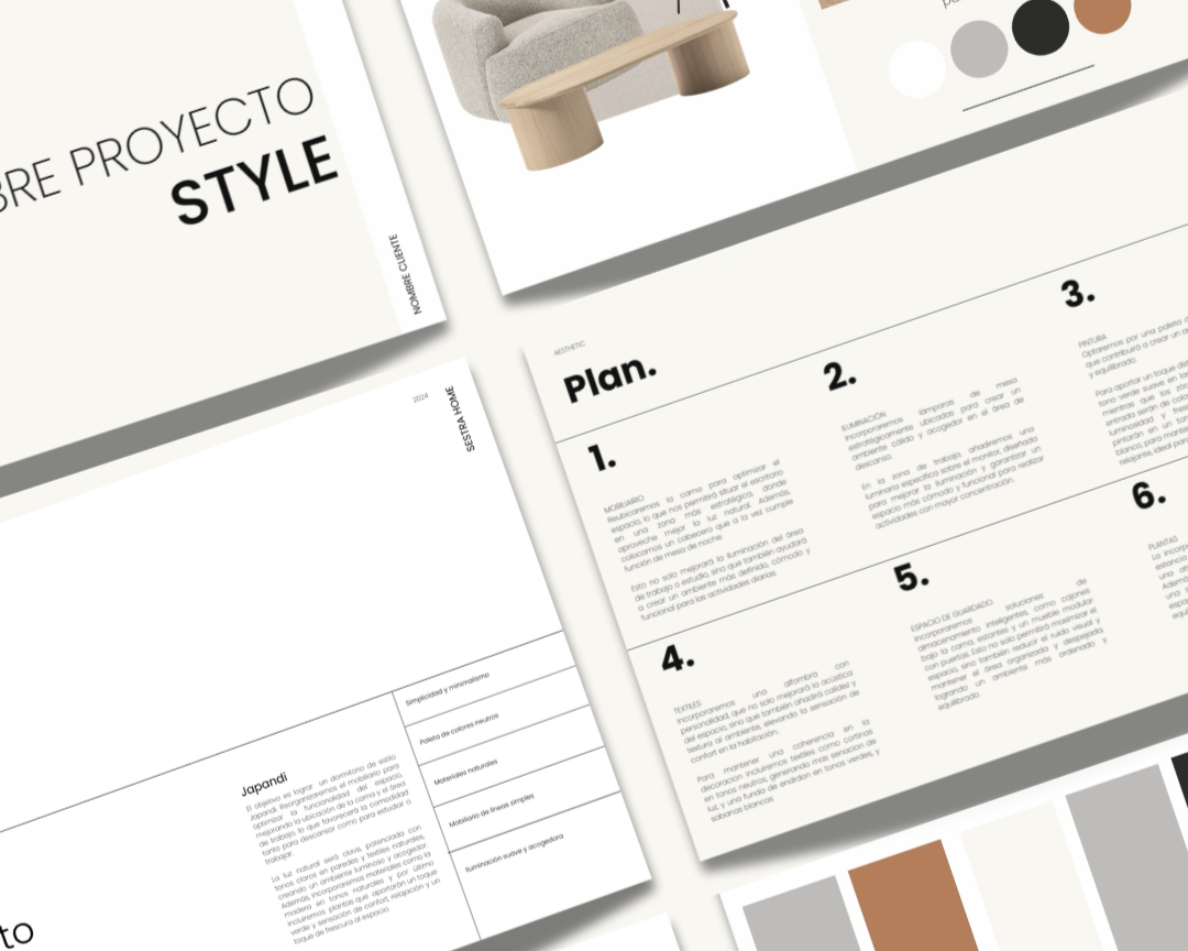 Documentos de diseño de interiores con esquema, lista de fases y conceptos. Incluyen un plano, texto de descripción y paleta de colores en tonos neutros.