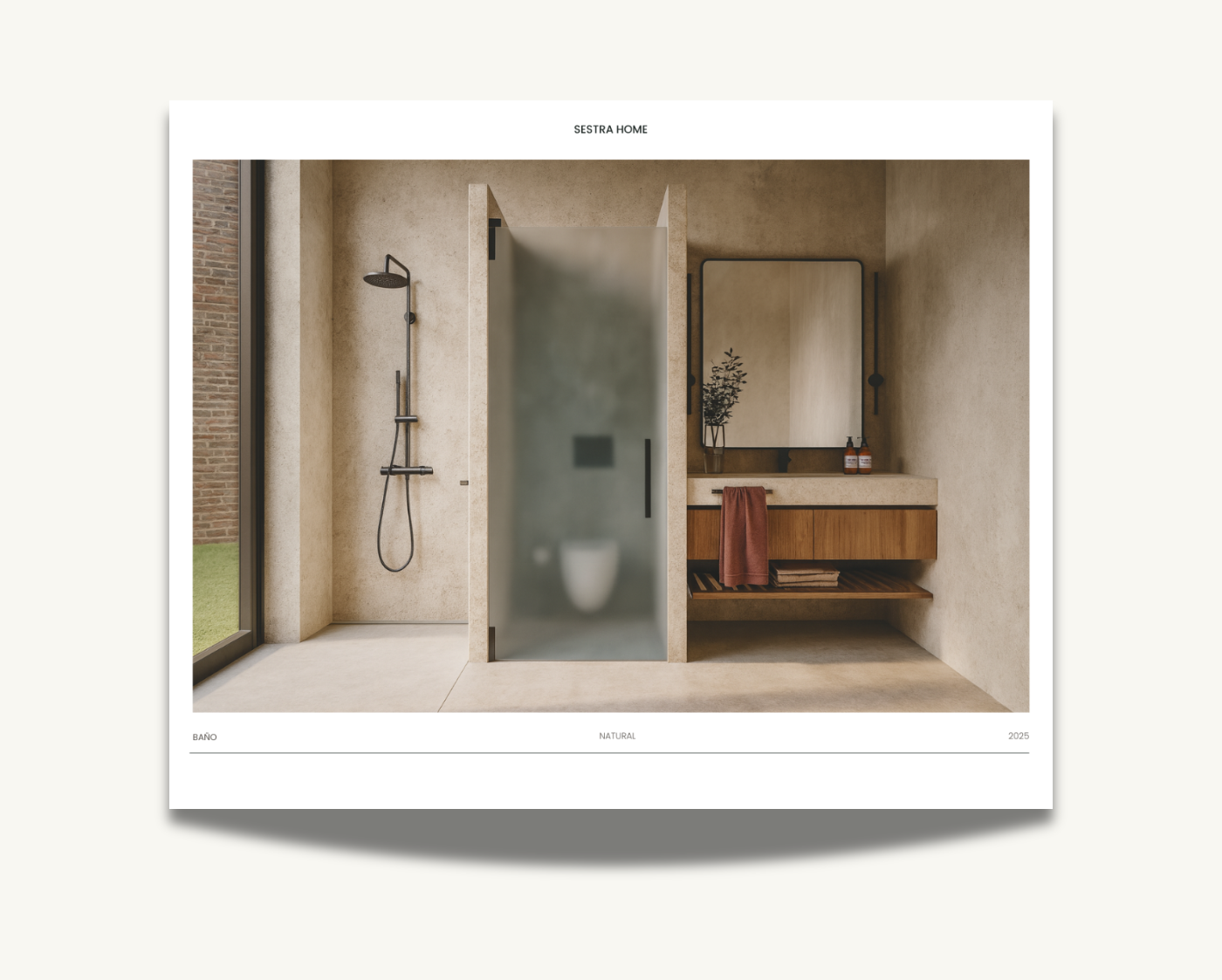 Imagen de un baño moderno con ducha sin puerta, lavabo de madera con espejo y accesorios decorativos.