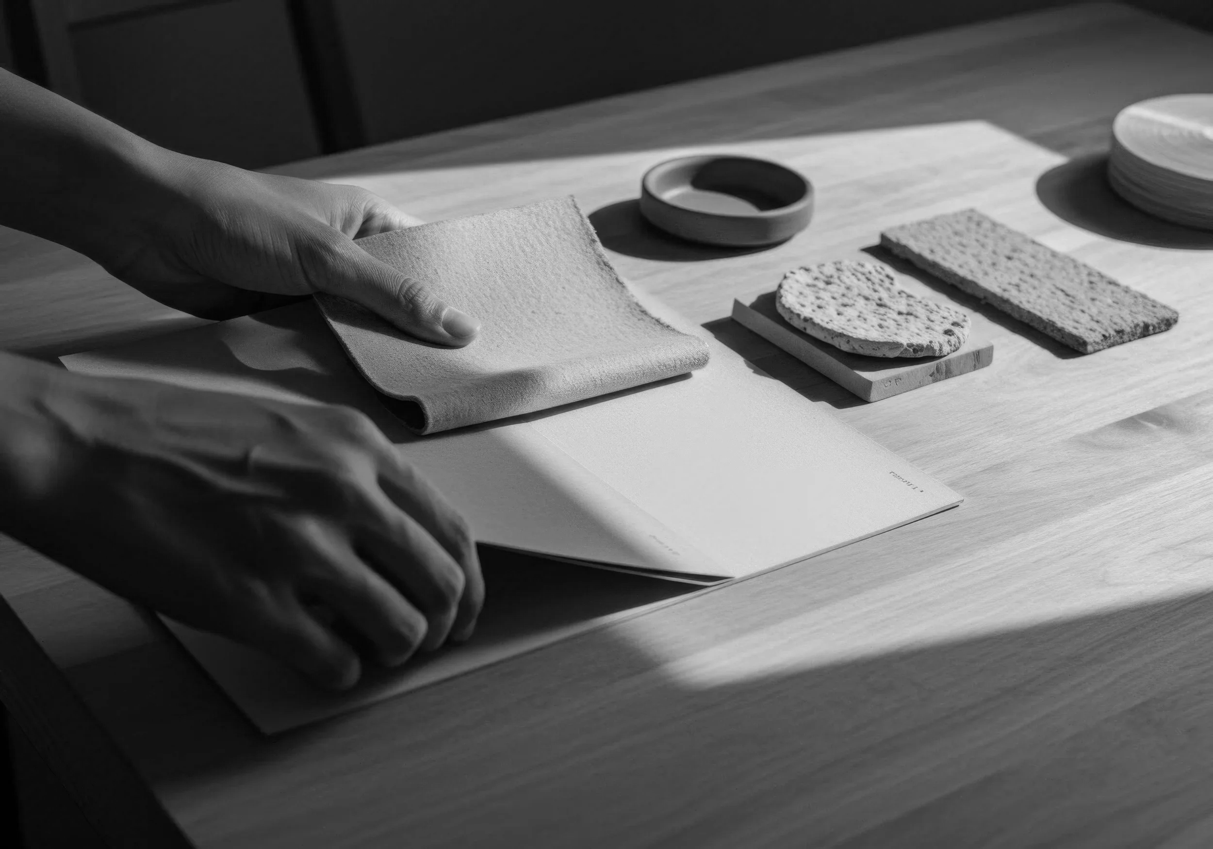 Persona tocando muestras de diferentes texturas en una mesa de madera en blanco y negro.