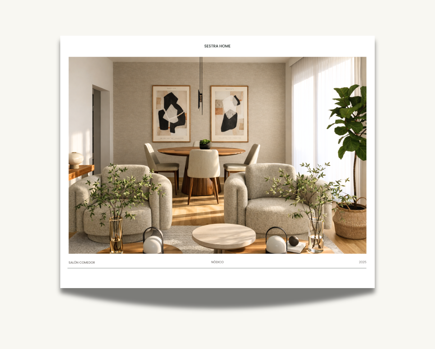 Sala de estar con sillones beige, plantas en jarrones de vidrio, mesa de centro de mármol, y cuadros abstractos en la pared, con gran ventana con cortinas blancas.