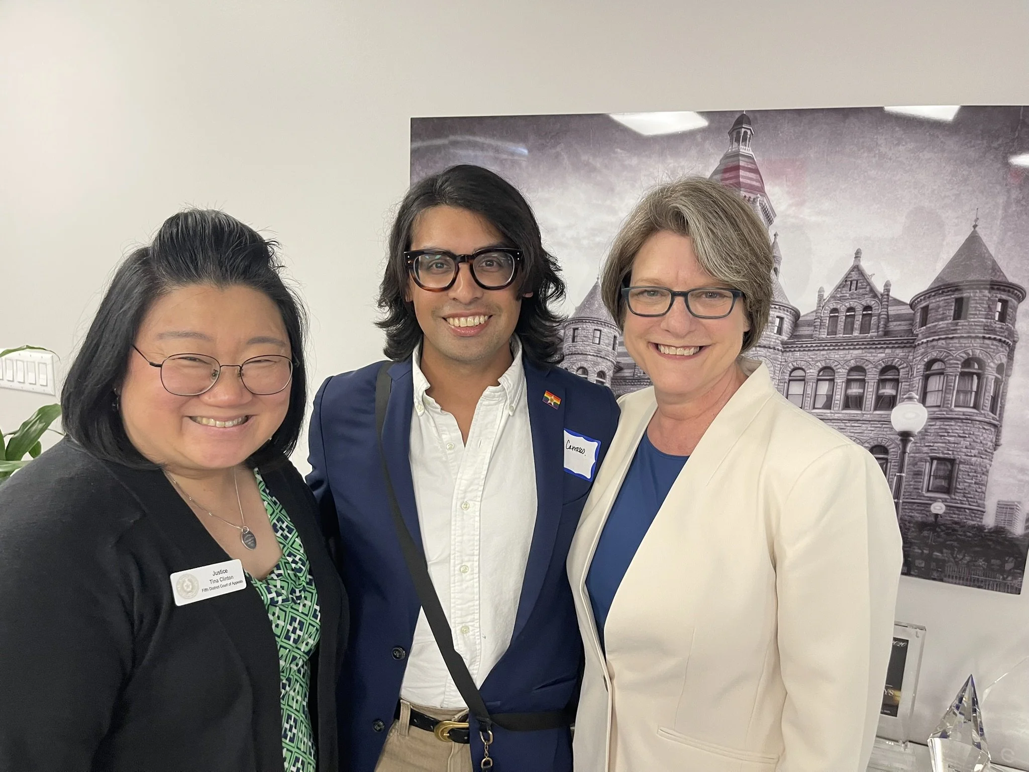 Stephanie Hudson with Justice Tina Clinton and Corey Carrasco, President of Stonewall Democrats of Dallas.