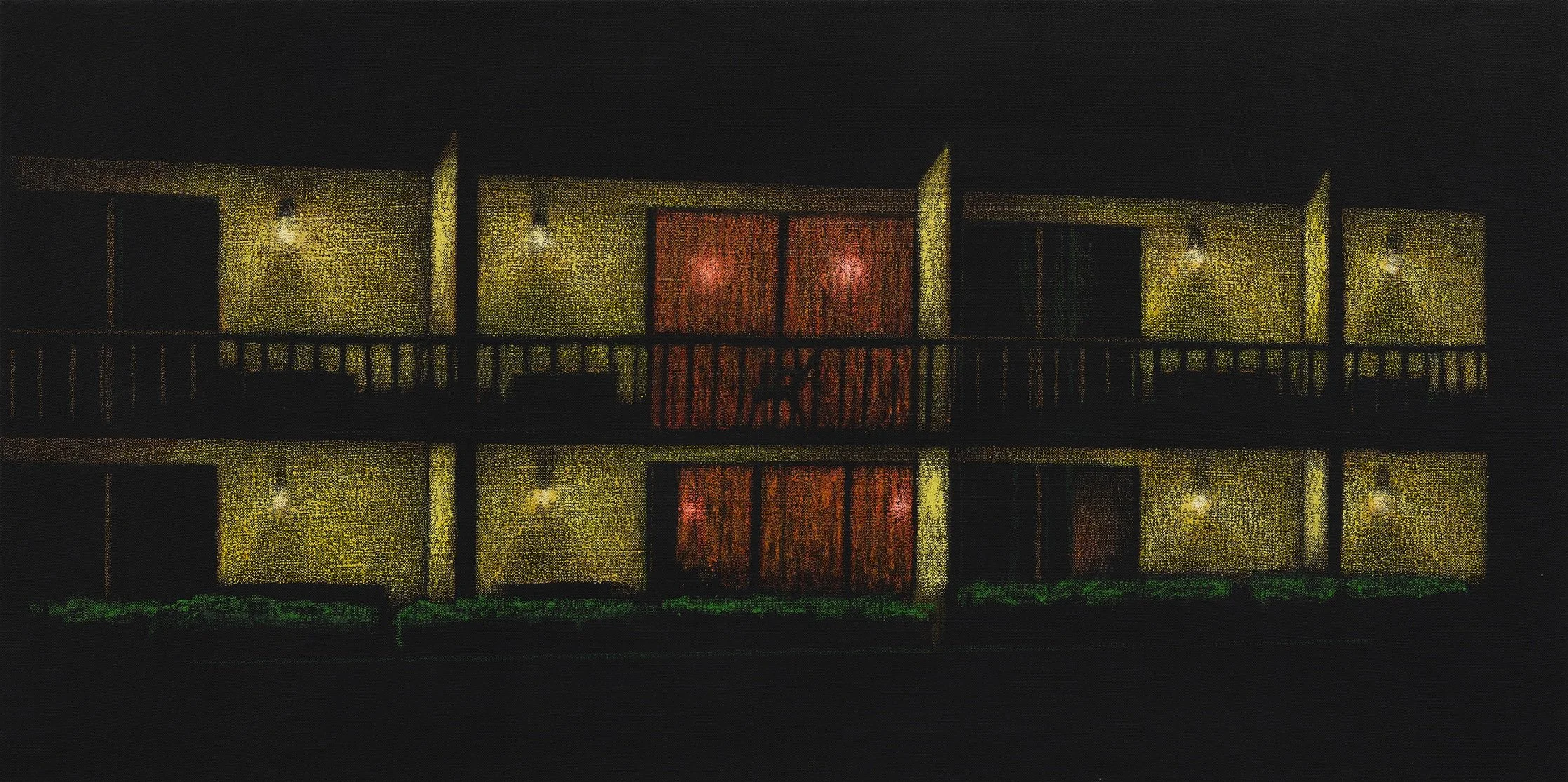 RI Motel 3, 2023, oilstick on linen, 30 x 60 inches