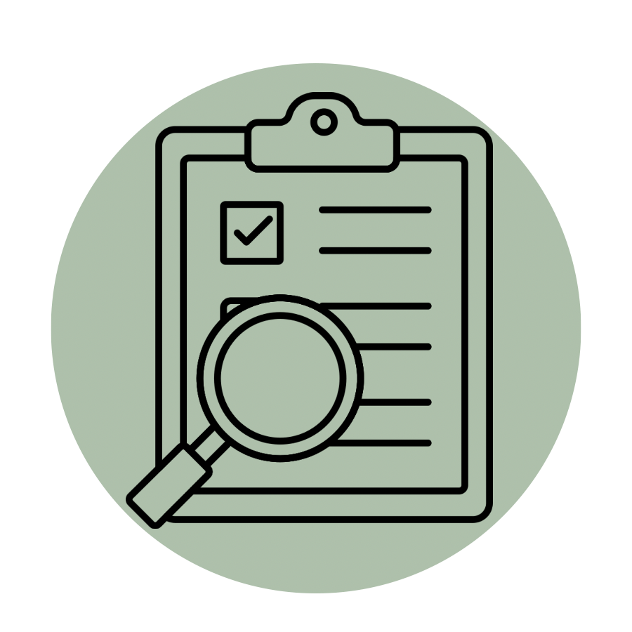 Line drawing of a clipboard with a checklist, check mark, and magnifying glass against a light green background, representing psychological assessment.