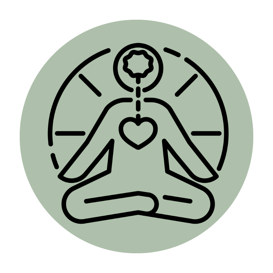 Line drawing of a person meditating cross-legged with a heart symbol on their chest, surrounded by celestial elements and radiating lines, representing mind-body connection and emotional wellness in health psychology.