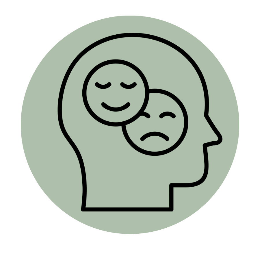 Outline of a human head with overlapping circles showing happy and sad faces, illustrating emotional states and mental health awareness in therapy.