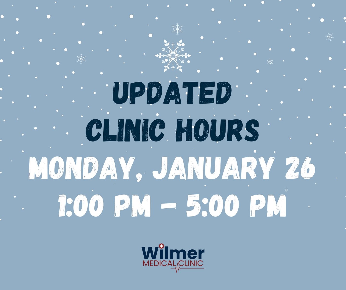 ❄️ Weather Update ❄️
Due to the weather conditions, our clinic will open at 1:00 PM tomorrow. Please stay warm and safe&mdash;we&rsquo;ll see you then!