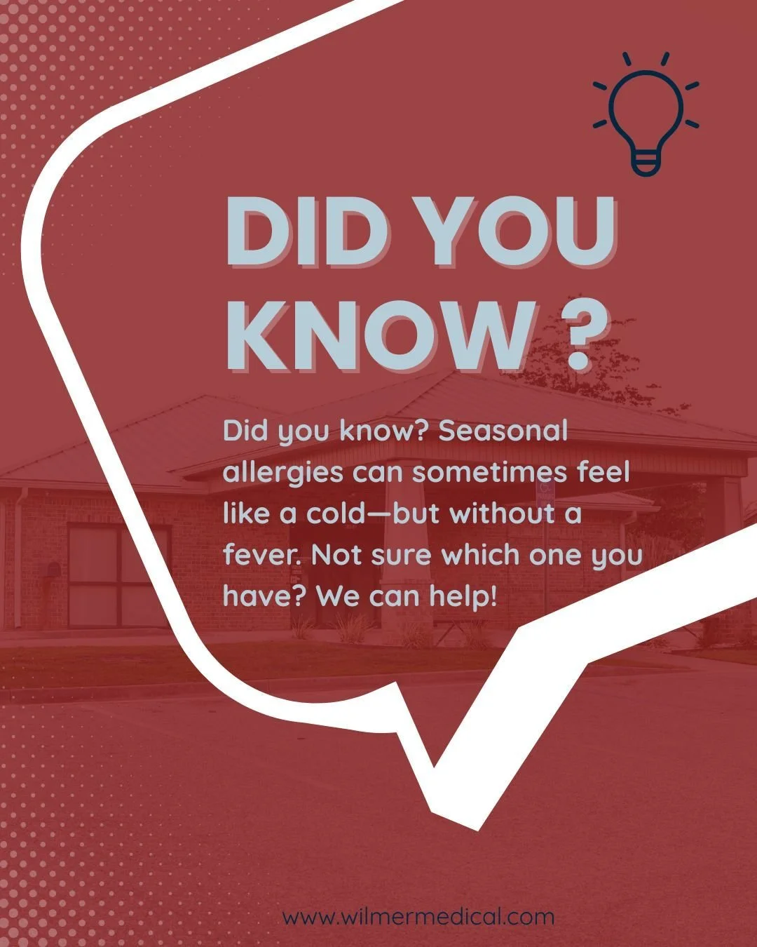 Did you know? Seasonal allergies can sometimes feel like a cold&mdash;but without a fever. Not sure which one you have? We can help!
(251) 410-7425