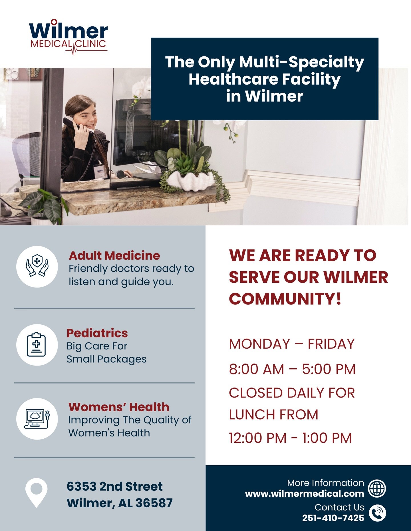 We&rsquo;re here for you! 
Monday - Friday
8:00 am - 5:00 pm
(251) 410-7425
www.wilmermedical.com