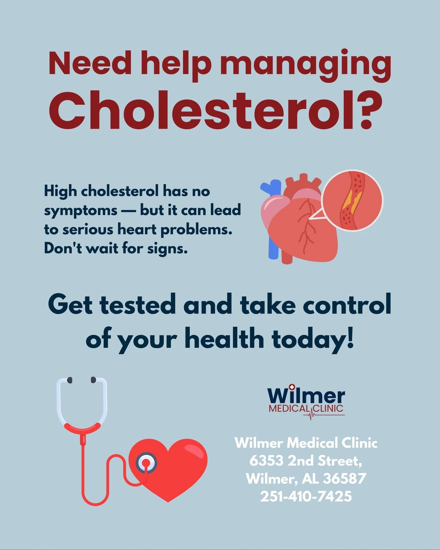Need to discuss your options regarding high cholesterol? Our providers are here for you.

Call to schedule an appointment ⬇️

📱 251-410-7425

www.wilmermedical.com