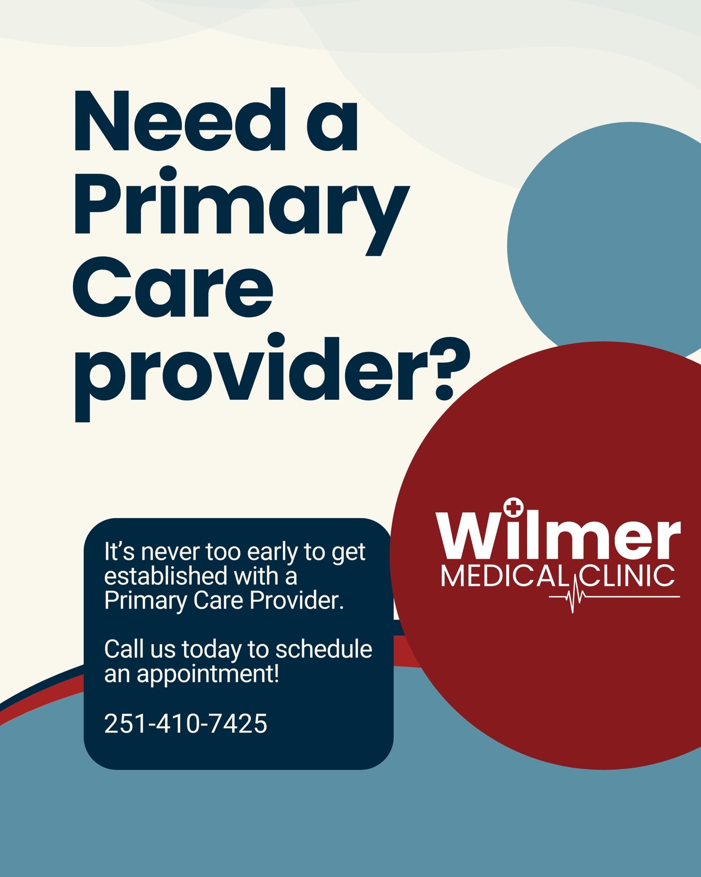 If you need a primary care provider, we can help!

📱Call to schedule an appointment
(251) 410-7425

www.wilmermedical.com
