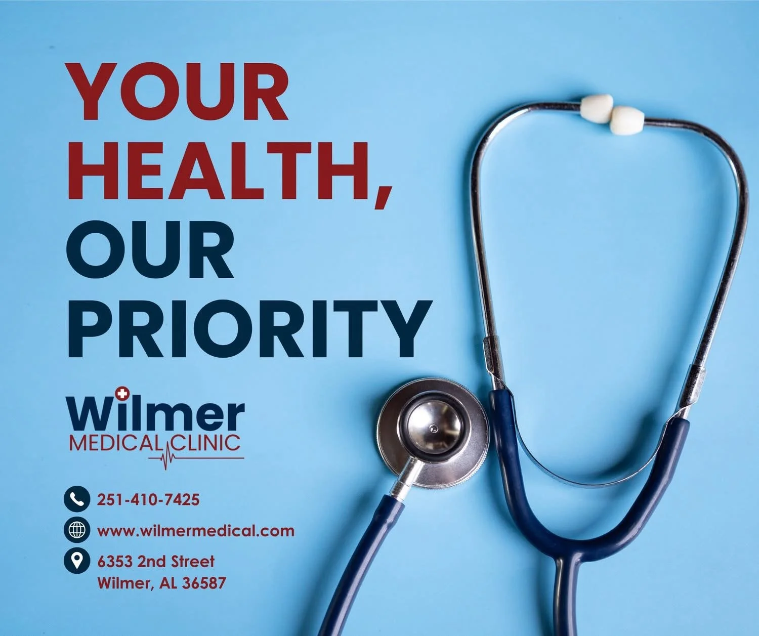 Your health is our top priority.
From routine checkups to compassionate care for every stage of life &mdash; we&rsquo;re here for you and your family at Wilmer Medical Clinic.

📱 (251) 410-7425

 www.wilmermedical.com