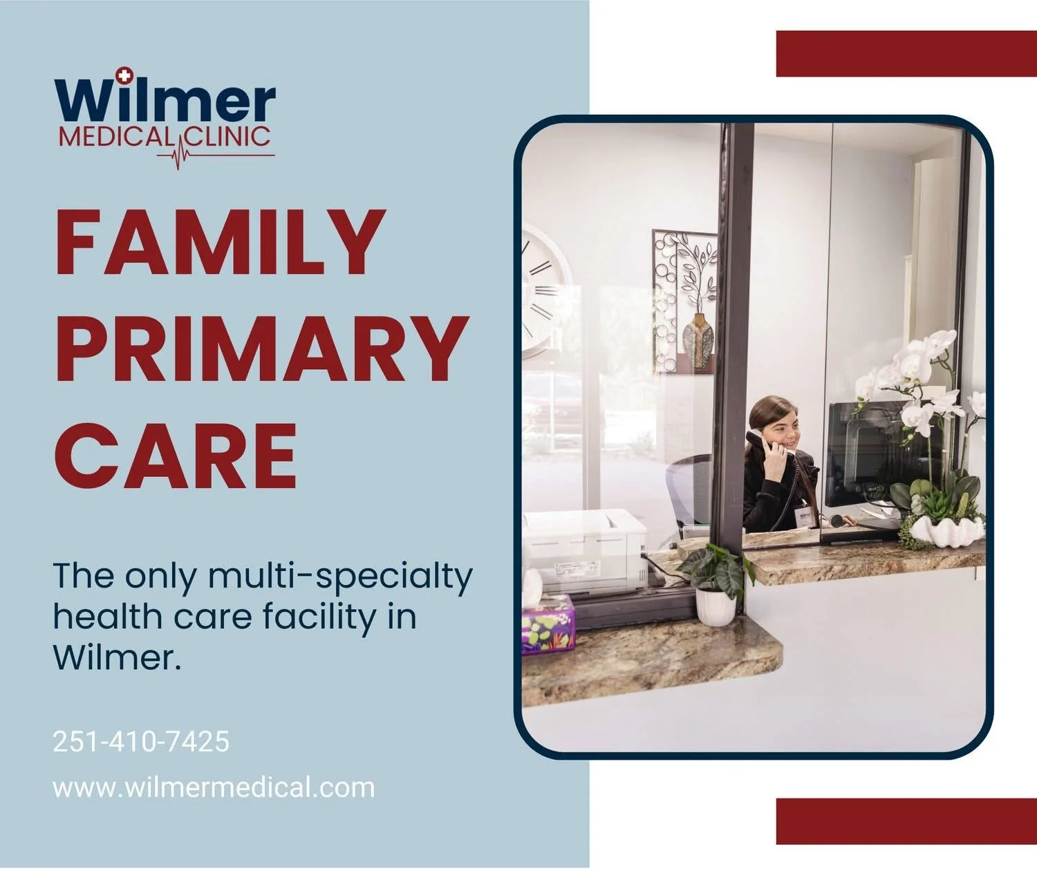 Wilmer Medical Clinic is proud to be the only multi-specialty healthcare facility in Wilmer&mdash;all your care, all in one place.

📞 Call 410-7425 to schedule your appointment.