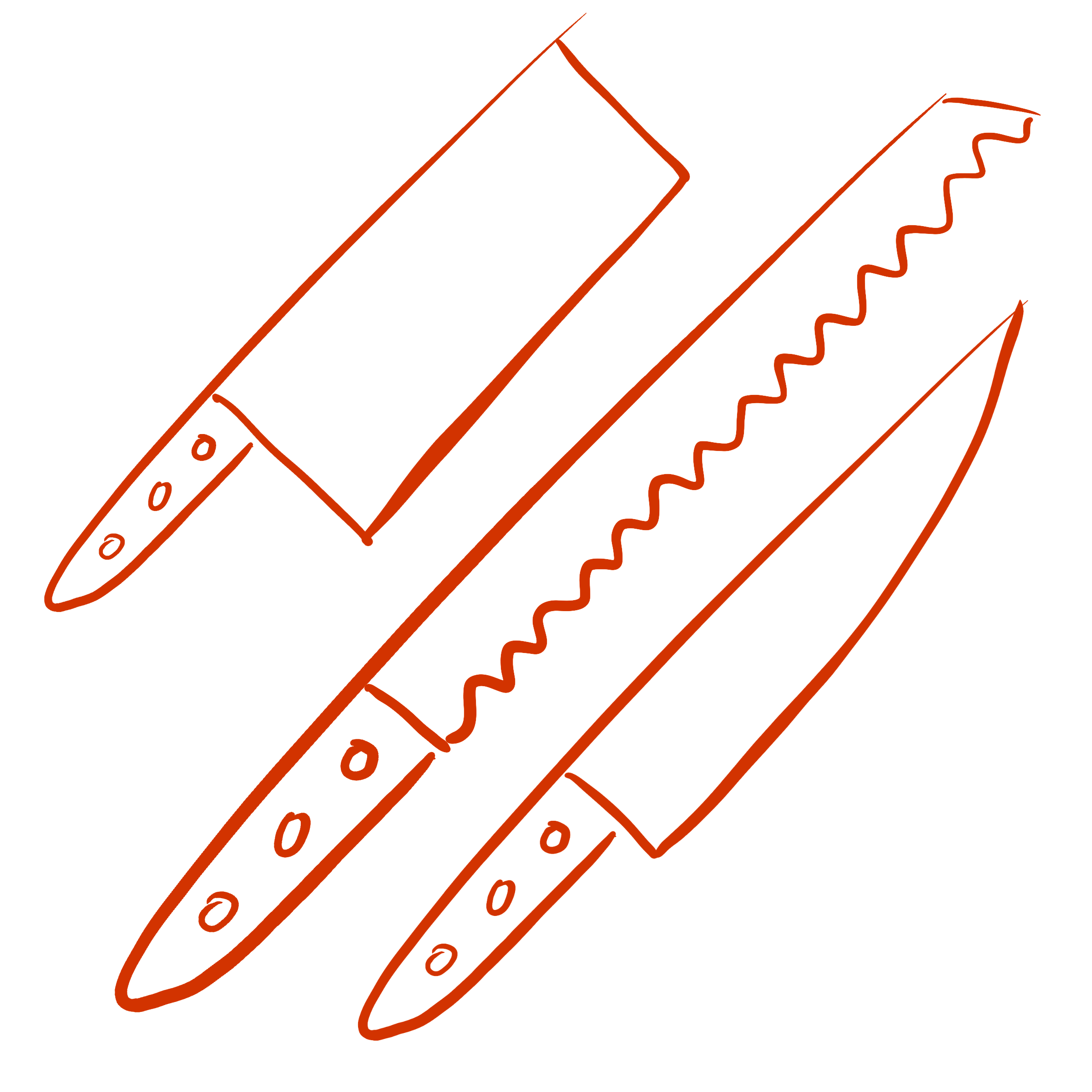 Line drawing of different saw blades in orange, with varying shapes, teeth, and hole patterns for cutting operations.