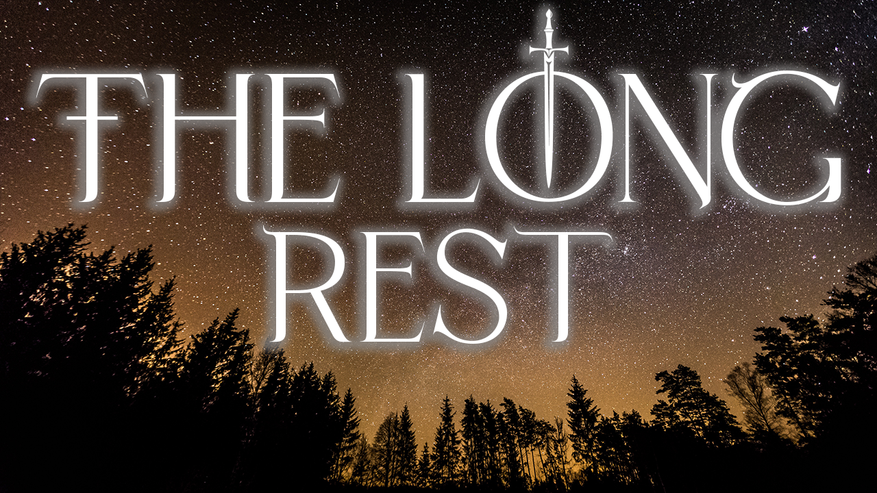 Night sky filled with stars and a silhouette of trees in the foreground with glowing white text that reads 'The Long Rest' and a sword integrated into the letter 'O' in the word 'Long'.