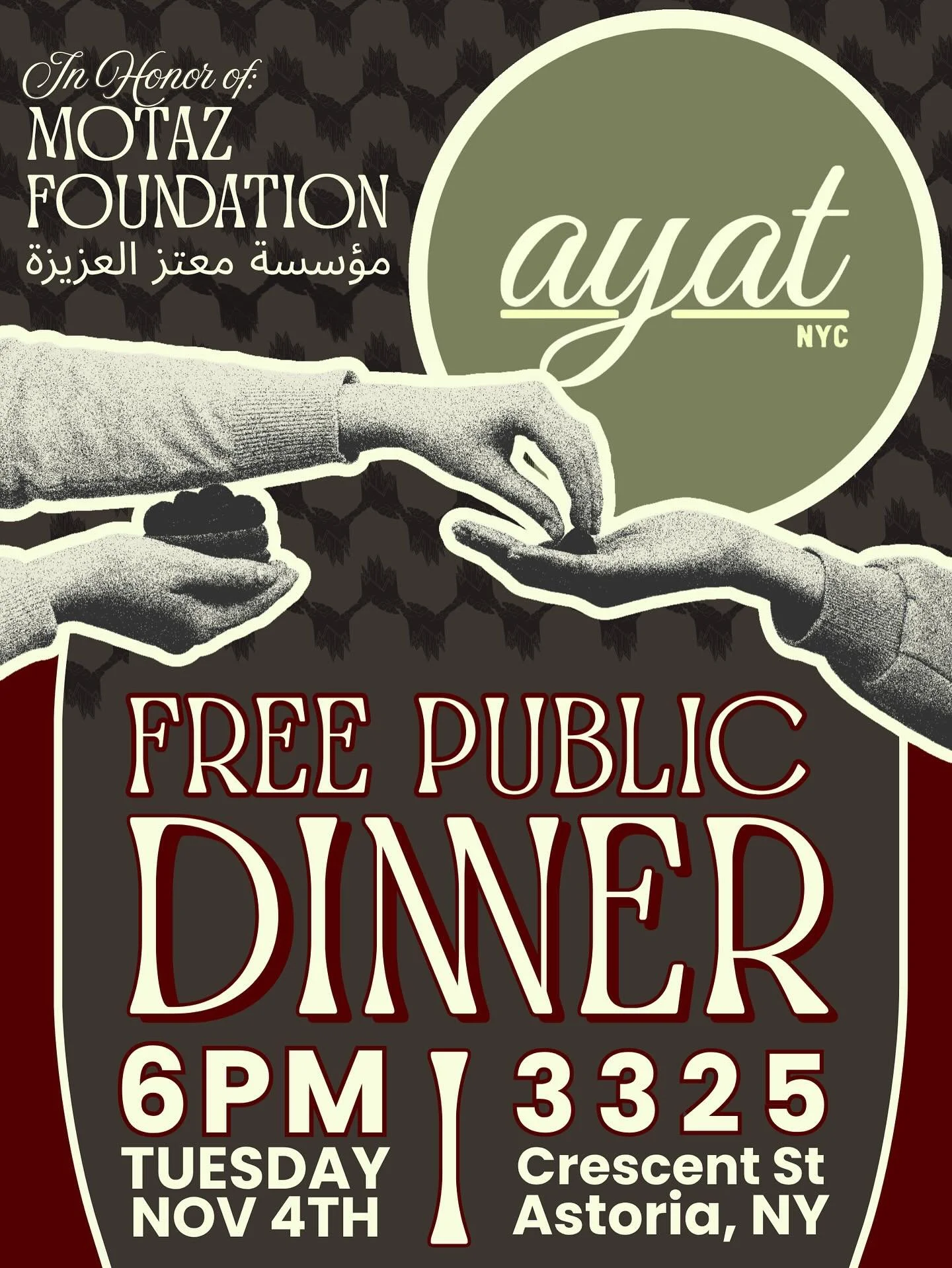 This dinner is free.
This gathering is for everyone.
Family friendly, community centered, and rooted in love.

TOMORROW Nov 4th 6p.m
📍3325 Crescent St, Astoria NY. 

This dinner supports the @motazfoundationinc (https://www.instagram.com/motazfounda