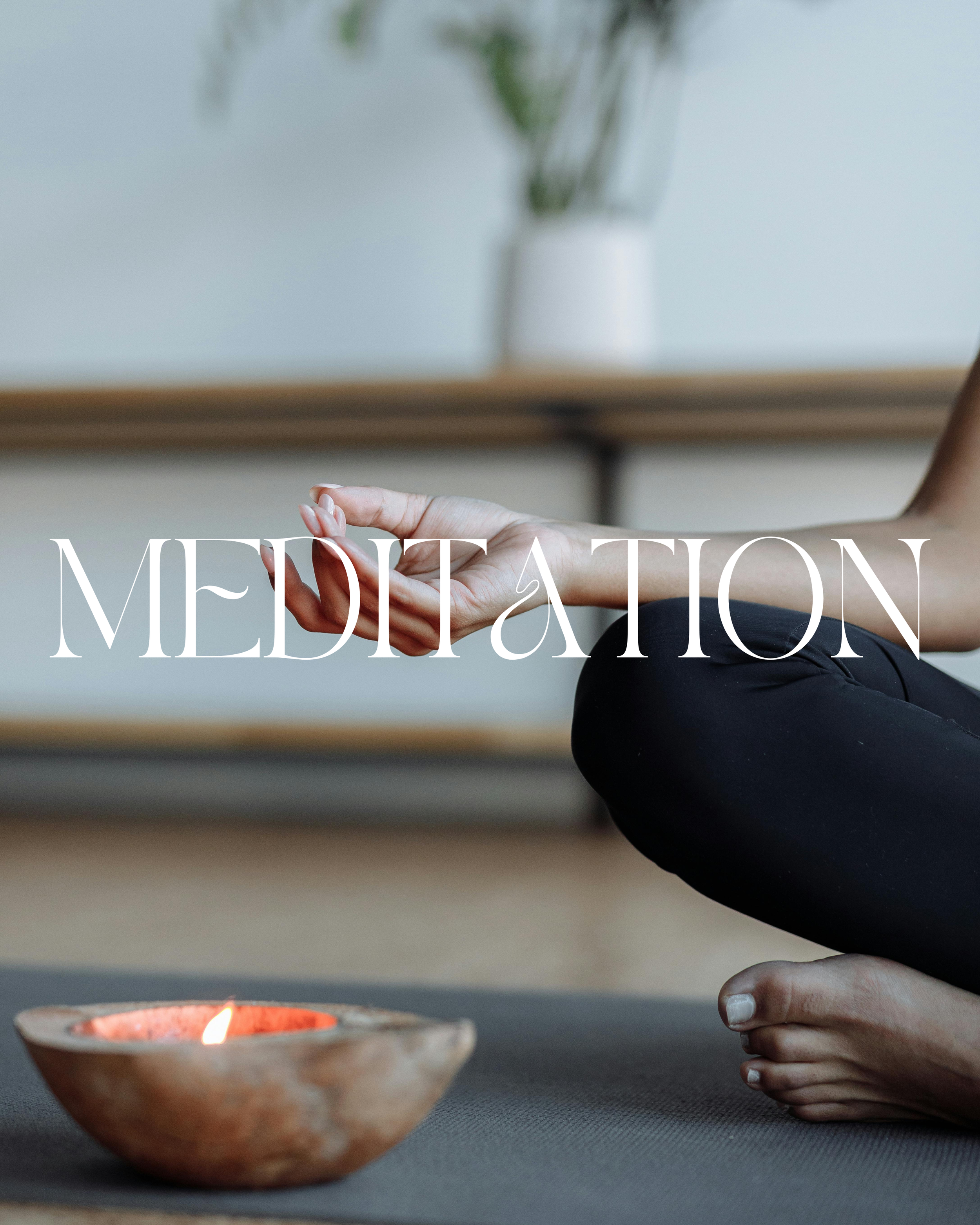Person practicing meditation sitting cross-legged in a yoga pose indoors, with a lit candle in a decorative holder in front, and a potted plant in the background, with the word 'Meditation' overlayed.