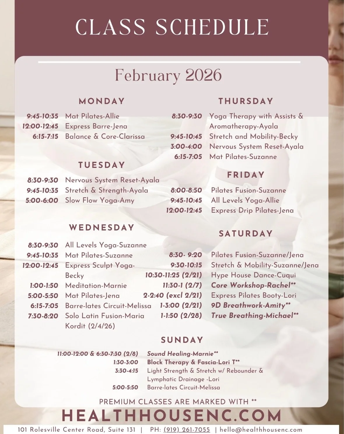 Our classes
Our Prices
What&rsquo;s Includes

Health House in Rolesville!