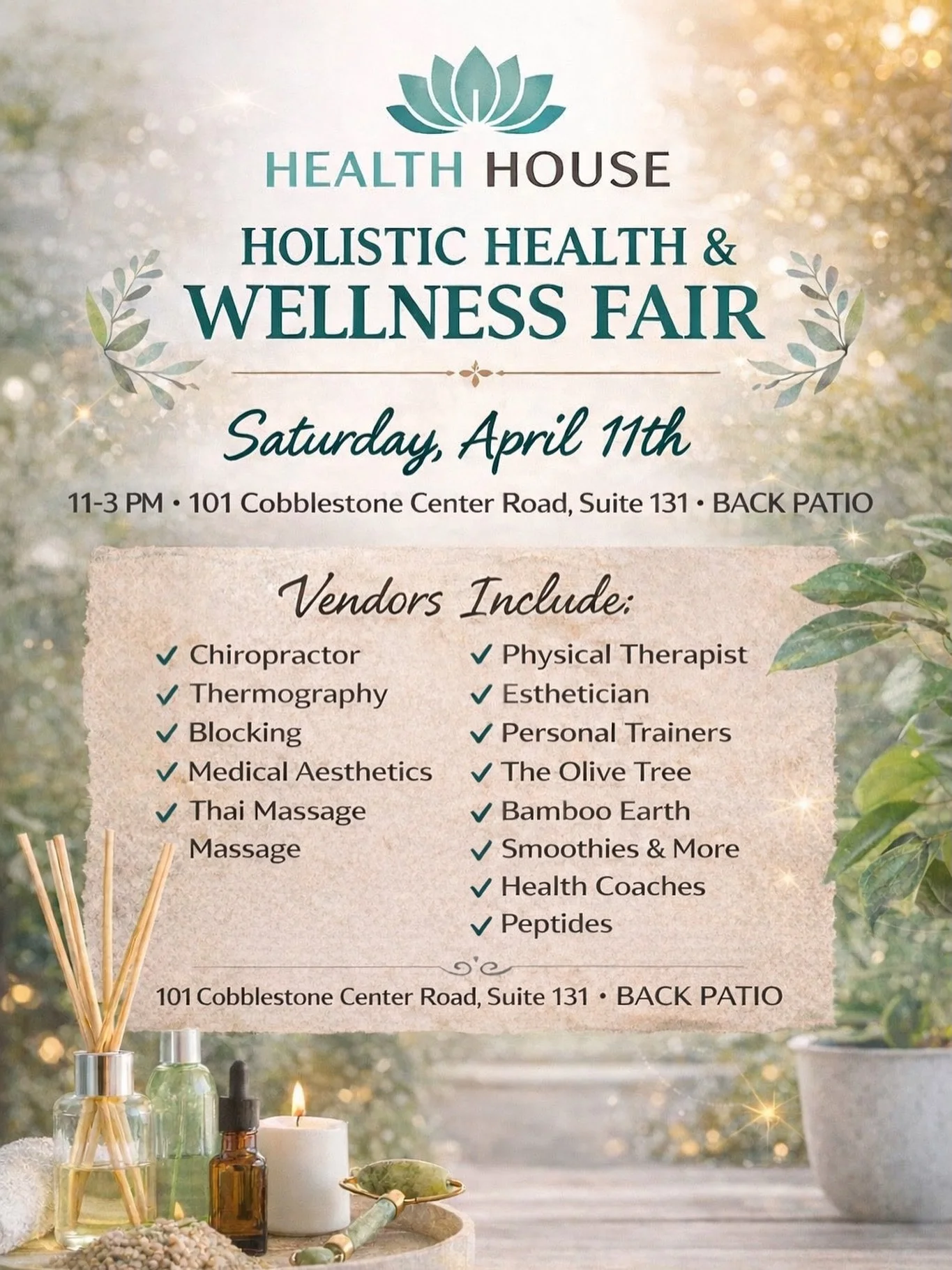 Join us for an incredible health fair expo with amazing and knowledgeable practitioners, trainers and certified coaches. 

In Rolesville, Cobblestone Development
Saturday April 11
11-3 back patio