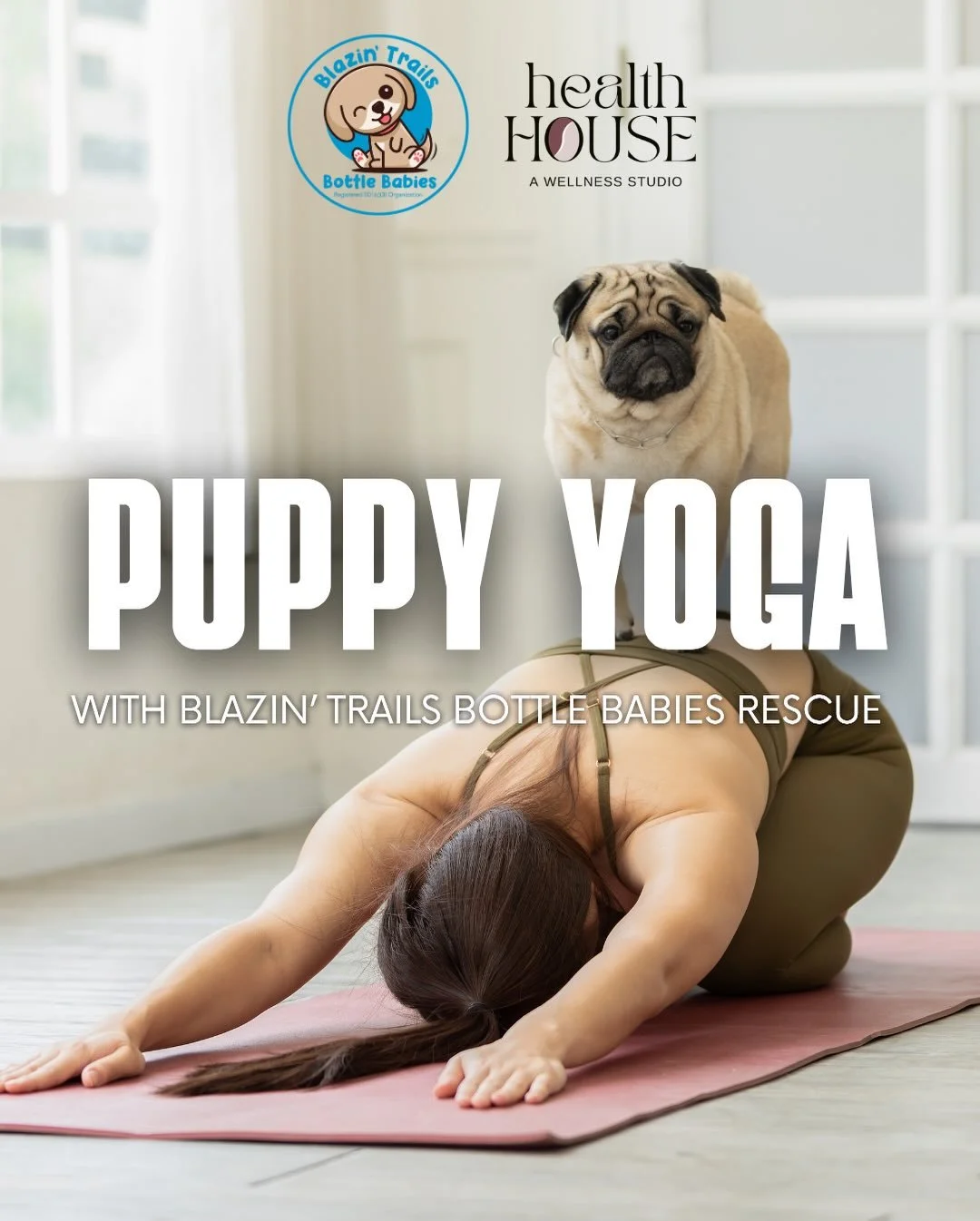 PUPPY YOGA IS BACK! 🐶 Join us for an all-levels yoga flow surrounded by adorable, adoptable puppies from @blazintrailsbottlebabies . It&rsquo;s the perfect way to de-stress, stretch, and support pups in need of their forever homes. Limited spots ava
