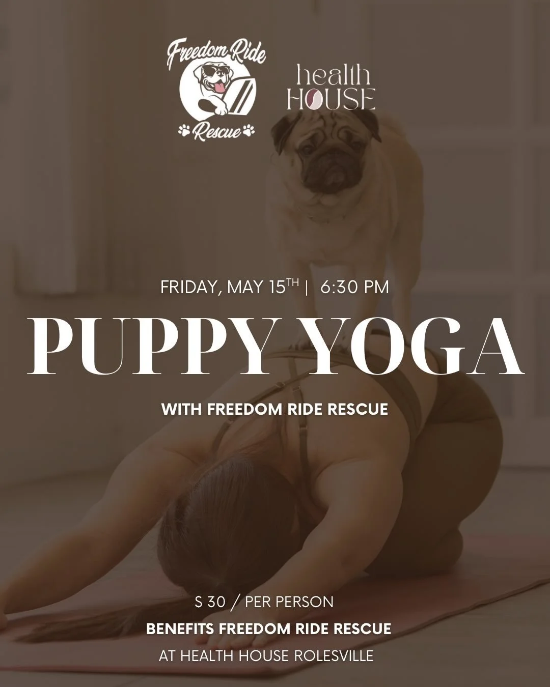 Puppy Yoga is back! 🧘🏼&zwj;♀️🐶

Join us at Health House for a heart-melting Puppy Yoga experience in support of @freedomride.rescue , a North Carolina-based foster network rescuing and rehoming dogs of all ages, sizes, and breeds 🐾

This event in