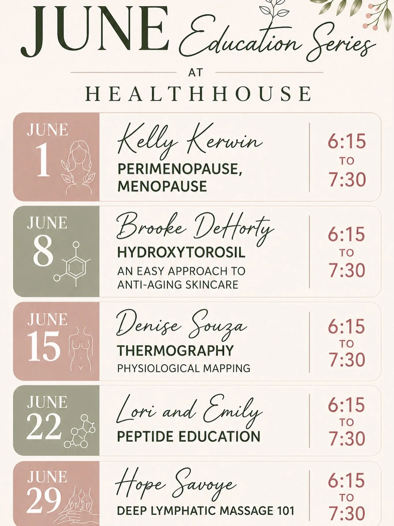 Ladies!!! We have launched a Signature Series Education Seminar for 5 weeks in June, each Monday.  These classes are taught by certified, expert, licensed therapists/consultants. We are capping each class at 24. This will be in person. 

Cost is $40 
