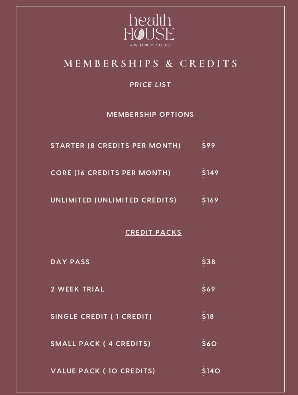 Our class and modality pricing and swipe ➡️ for special events.