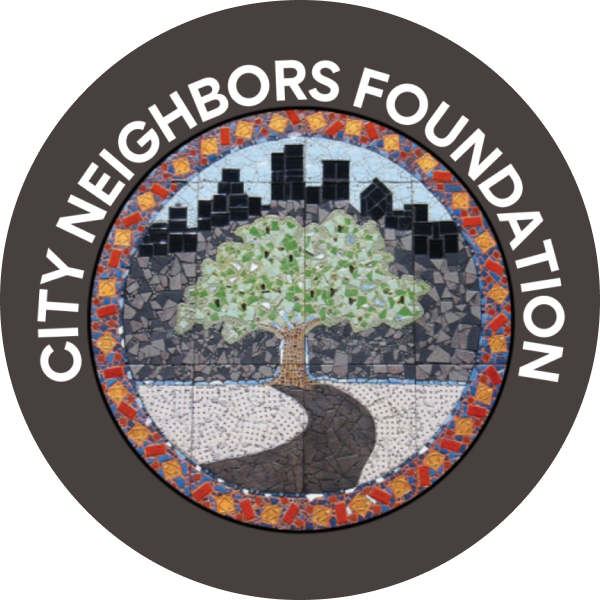 Logo of City Neighbors Foundation featuring a mosaic design with a tree, city skyline, and a path, enclosed in a circular frame with text.