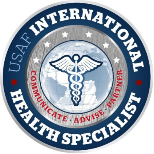 USAF International Health Specialist logo with caduceus over a globe and the words "Communicate, Advise, Partner."