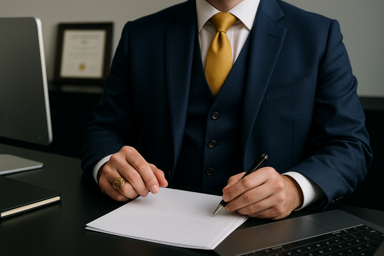A man in a navy blue suit, white shirt, and yellow tie sitting at a desk, holding a pen and writing on a paper with a laptop and notebook nearby.