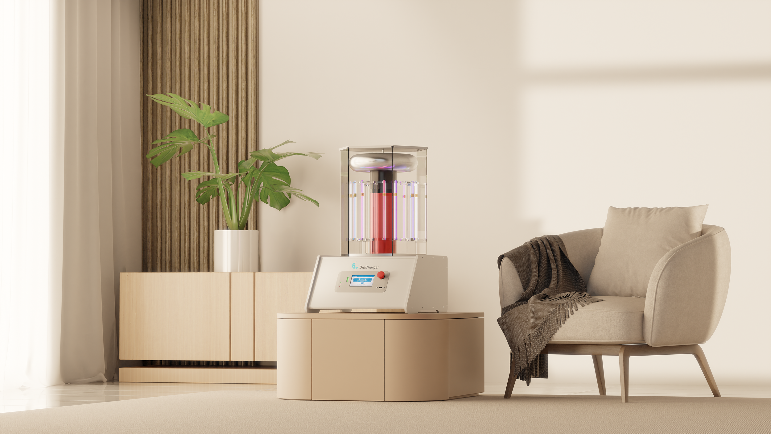 A high quality render of the BioCharger product in an aspirational environment reflecting the brand's tone.