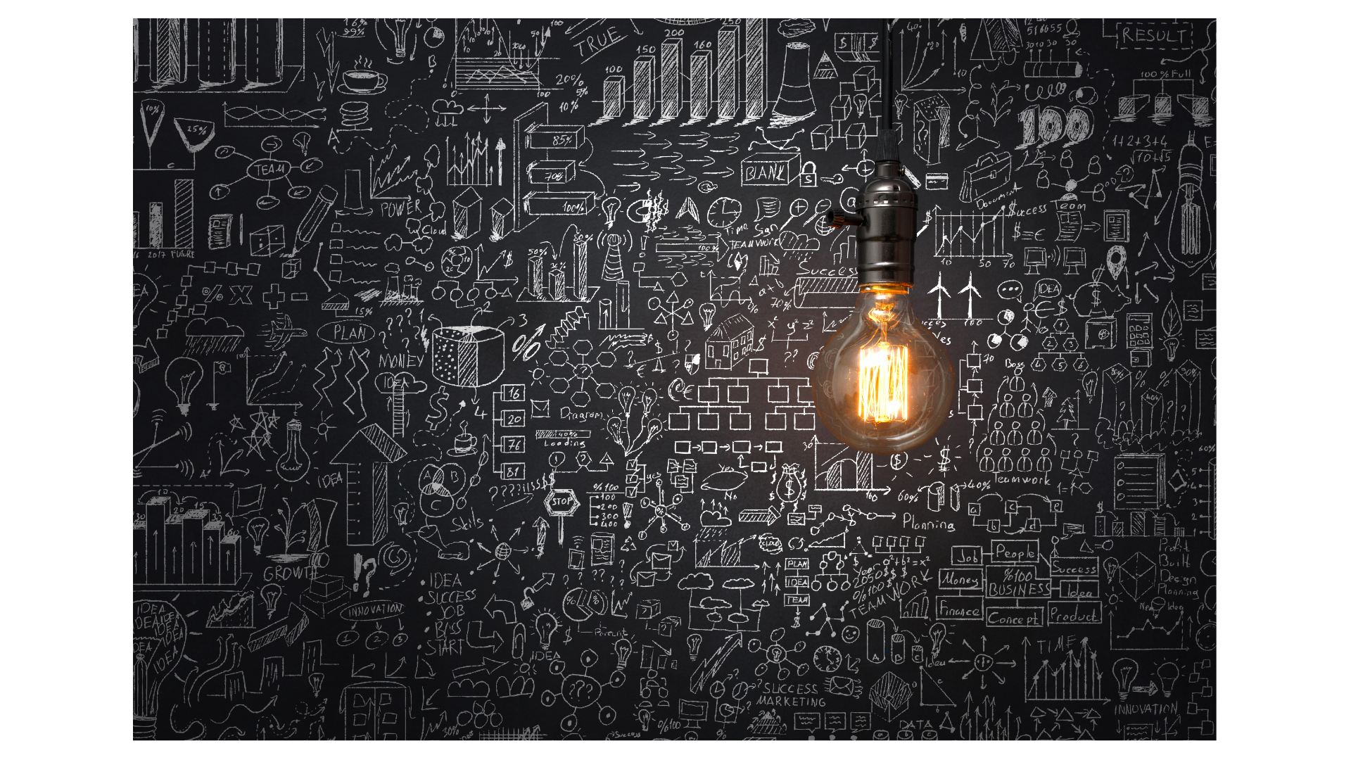 Blackboard filled with white chalk sketches of graphs, charts, flowcharts, and various diagrams related to business and creativity, with a hanging illuminated lightbulb in the foreground.