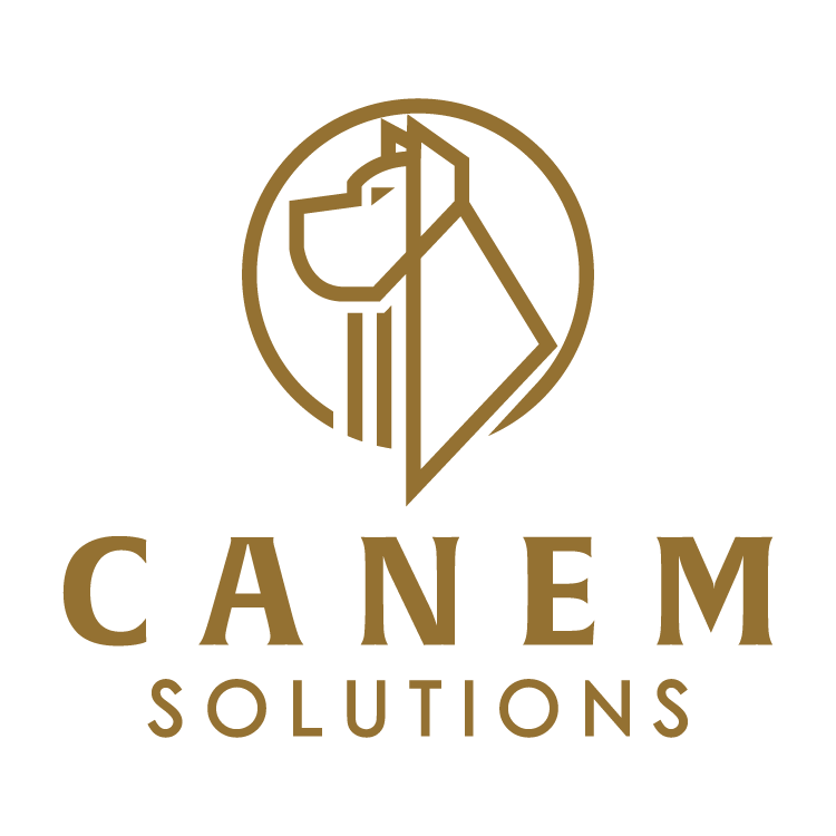 Logo of Canem Solutions featuring a stylized dog and geometric shapes in gold, with the company name below.