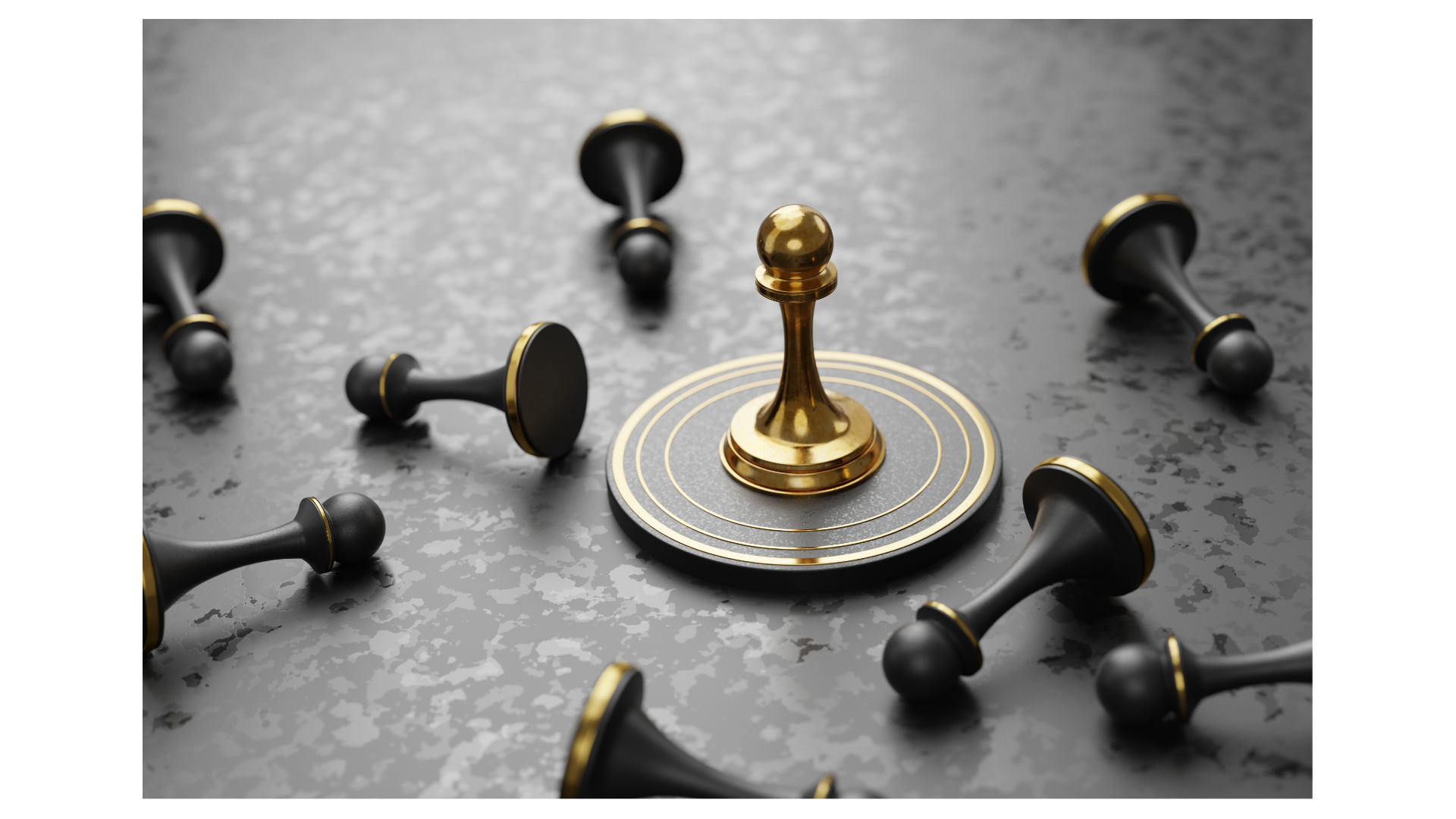 A single gold pawn stands upright on a gray and gold circular game board, surrounded by fallen black pawns on a gray textured surface.
