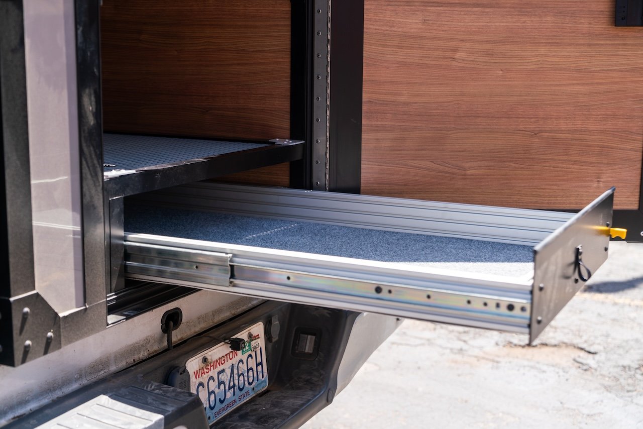 Open truck drawer storage system with Washington license plate